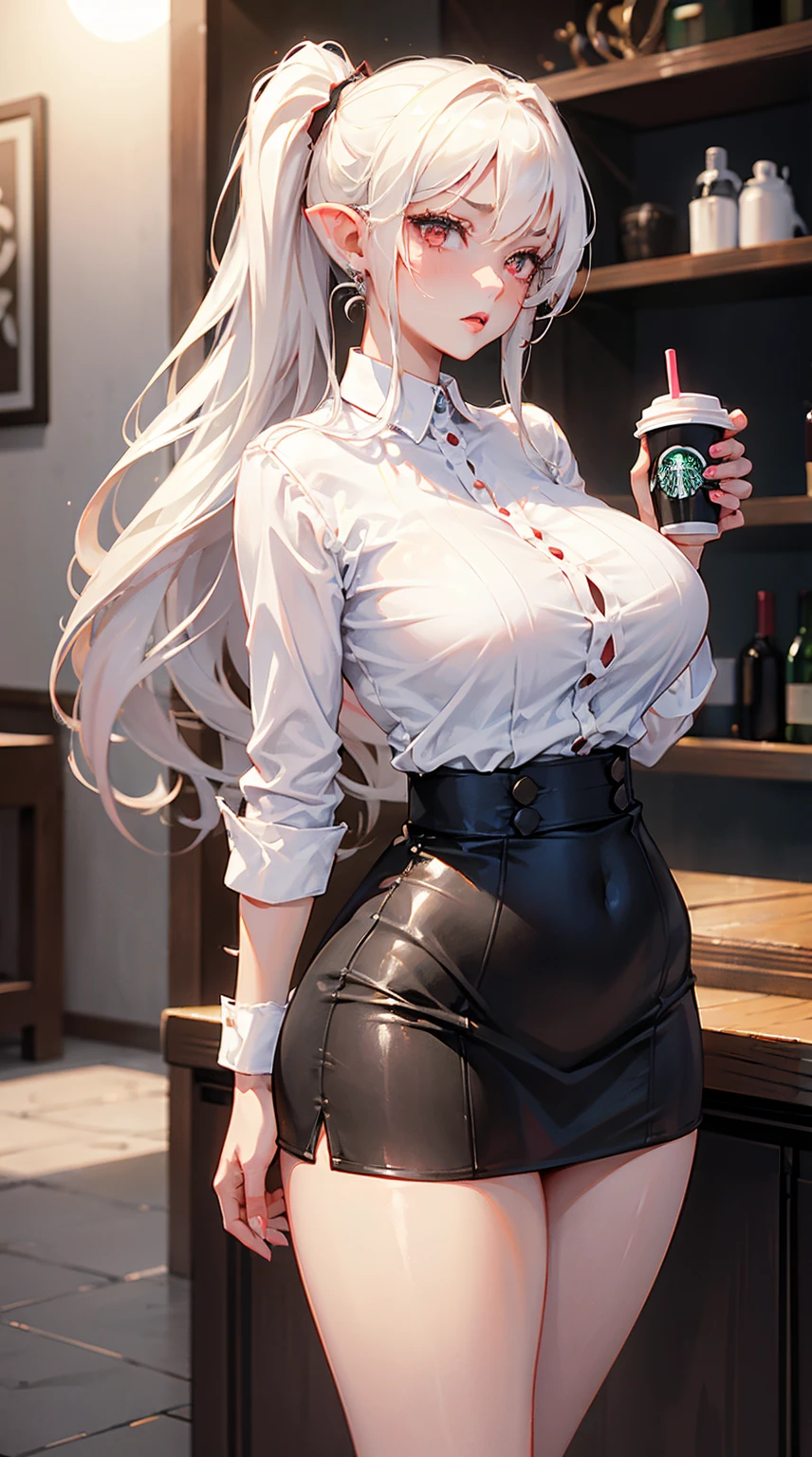 1 woman milf “"Giant breasts" + "large rear" + "wide hips" + "plump thighs" + "red eyes" + Pointy ears + drinking starbucks coffee + (("serious expression")) + "Long white Hair in a two ponytails" + "Red Lips" + "Lucious Lips"”)}, {“Outfit”: White shirt, tight black skirt})
