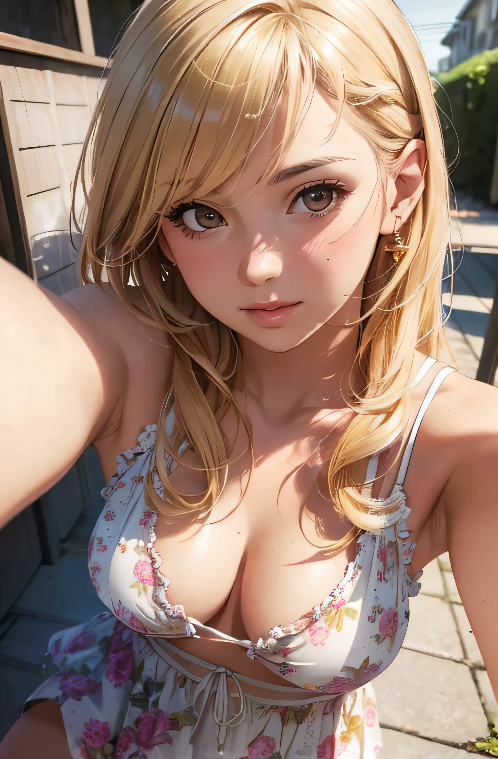 girl in summer clothes, top shot,((selfie)), brown eyes, blonde hair, random background, kiss, beautiful, medium breasts, flirtatious look, ((very detailed)), (perfectly detailed face), (well detailed hand), photorealistic image.