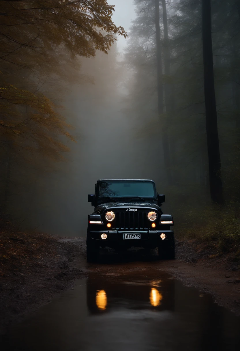 Thar black jeep in rainy fogy forest back pose , --realistic , headlight on, spreading water -8k -moving