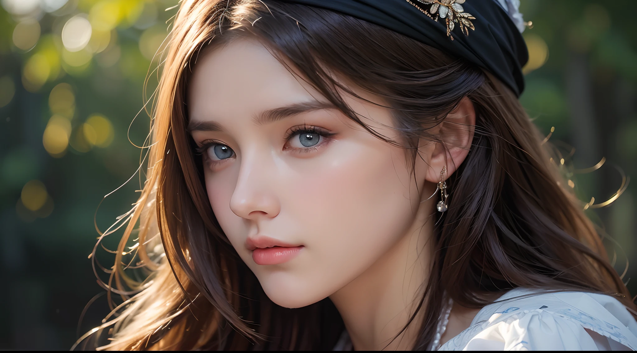 (8K, Best quality, Masterpiece: 1.2), (Best quality: 1.0), (Ultra-high resolution: 1.0), aquarelle, A beautiful woman, (shiny pupils,Blue pupils),bshoulders, Headband, Agnes Cecile, Bust portrait, extremely luminous bright design, Pastel colors, Autumn lights, Moody gray, Tenacious style Alexei Savlasov, Ivan Shishkin, Ilya Repin, (Card retouching: 1.2), 2D, (Oil painting: 1.2) Highly detailed