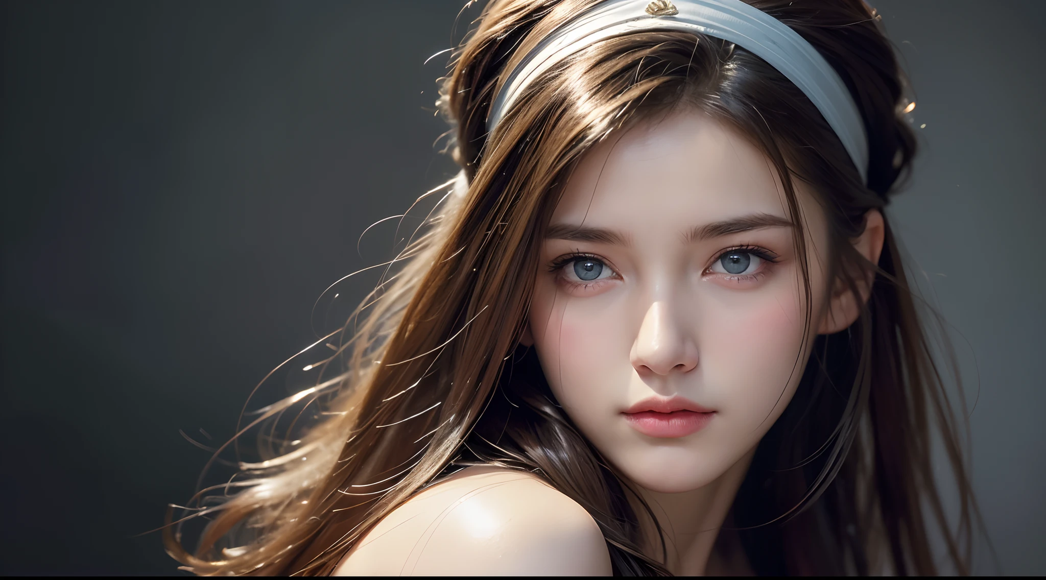(8K, Best quality, Masterpiece: 1.2), (Best quality: 1.0), (Ultra-high resolution: 1.0), aquarelle, A beautiful woman, (shiny pupils,Blue pupils),bshoulders, Headband, Agnes Cecile, Bust portrait, extremely luminous bright design, Pastel colors, Autumn lights, Moody gray, Tenacious style Alexei Savlasov, Ivan Shishkin, Ilya Repin, (Card retouching: 1.2), 2D, (Oil painting: 1.2) Highly detailed