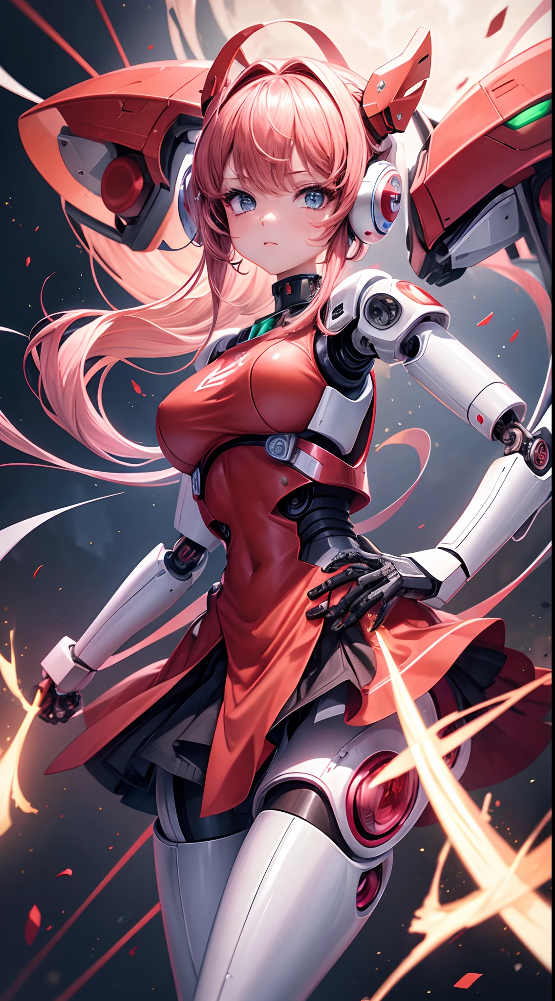 1 super cute girl wears a red ruby pink armor, Mechanical wing, Antecedentes de la Guerra Espacial, Rainbow Aura Body, Poder de Supernove, cabello rojo claro, Ojos rojos, cuerpo perfecto, sexy, neon glow, Shooting Beam Cannon, sad mood, muy detallado, Postura de lucha, Mecha Musume, ojos detallados, Cara detallada, Arte del anime, Anime style, anime.(laboratorio Robotic:1.4),, More detailed 8K.motor irreal:1.4,UHD,La mejor calidad:1.4, fotorrealista:1.4, textura de la piel:1.4, obra maestra:1.8,obra-prima, mejor calidad,objeto Objeto], (detailed face features:1.3),(manos detailed)