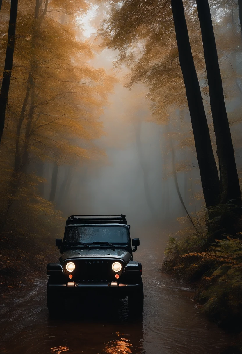 back side of Thar black  jeep in rainy fogy forest  , --realistic , headlight on, spreading water -8k -moving