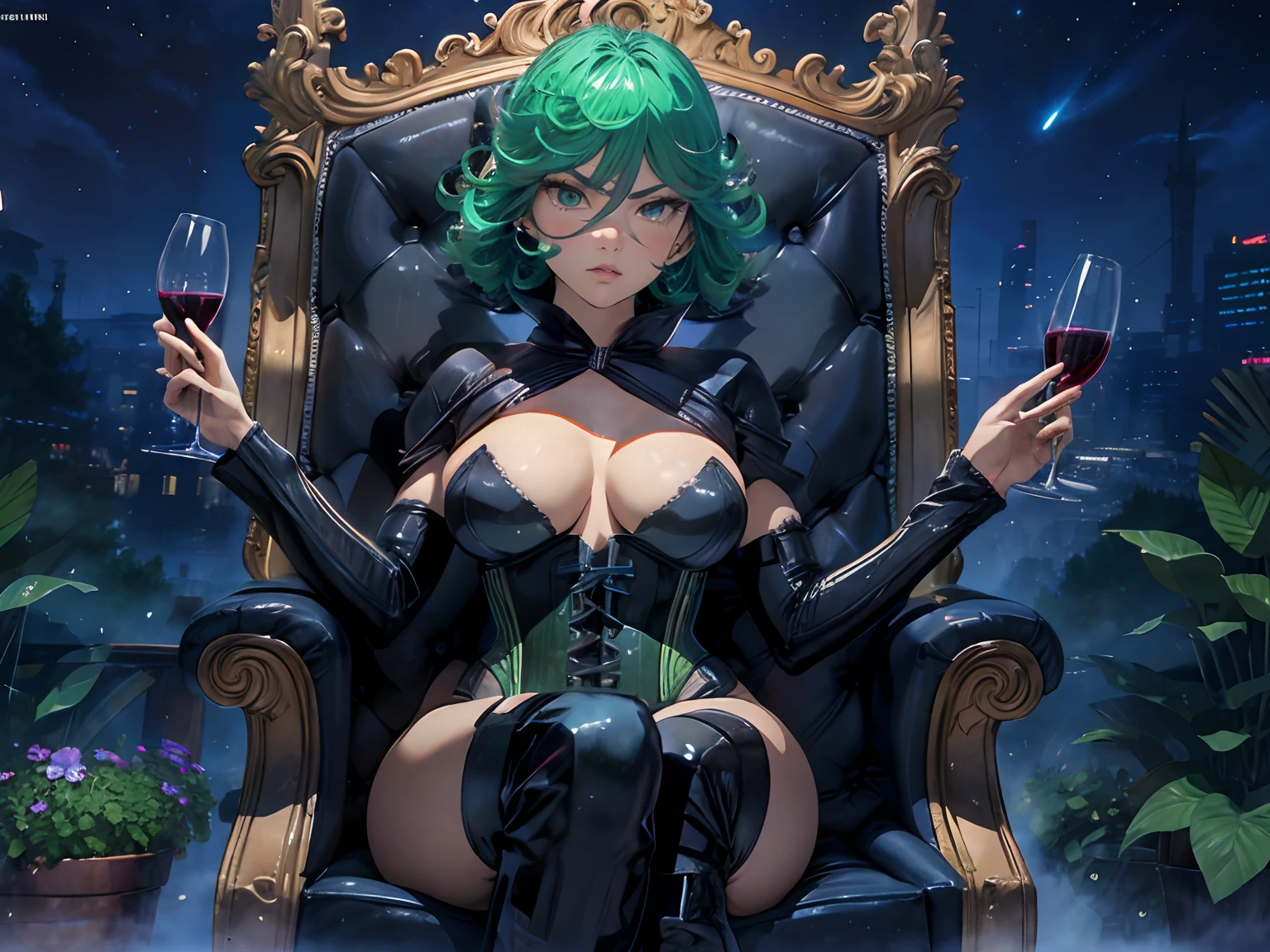 masterpiece,best quality,studio lighting,1girl,tatsumaki,short green hair,green eyes,glowing eyes,25-year-old,domineering expression,closed mouth,detailed lips,detailed eyes,symmetrical face,massive breasts,(((exposed breasts))),dominatrix,boss,perfect body(perfect proportions),perfect face,beautiful detailed long black latex boots,perfect feet,crossed legs,holding a glass of wine,bdsm,(black corset),dark detailed background(sitting on a purple silk-covered luxurious tall throne,(beautiful garden surrounding her,open space), night sky, moon),provocative pose,(((night))),volumetric shadow