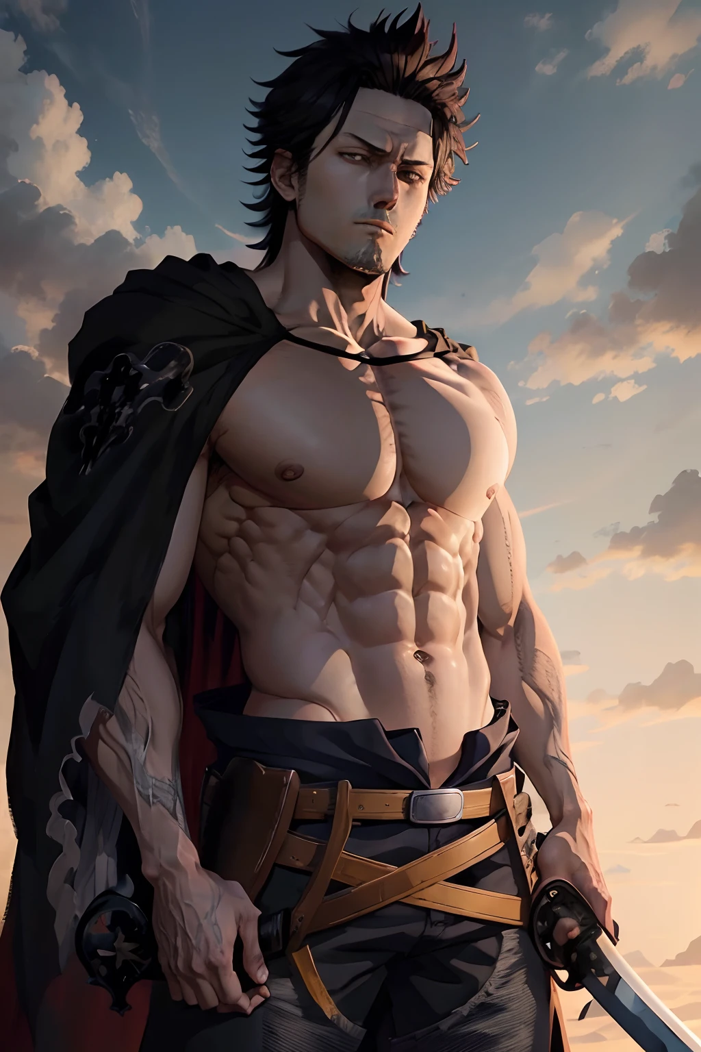 anime《blackclover》In Yami, Black hair, Black robes on the shoulders, Black jeans, katana swords, Holding a katana, Handsome man, Muscular man, There is a beard. looking at viewert, staring intently，full bodyesbian，frontage