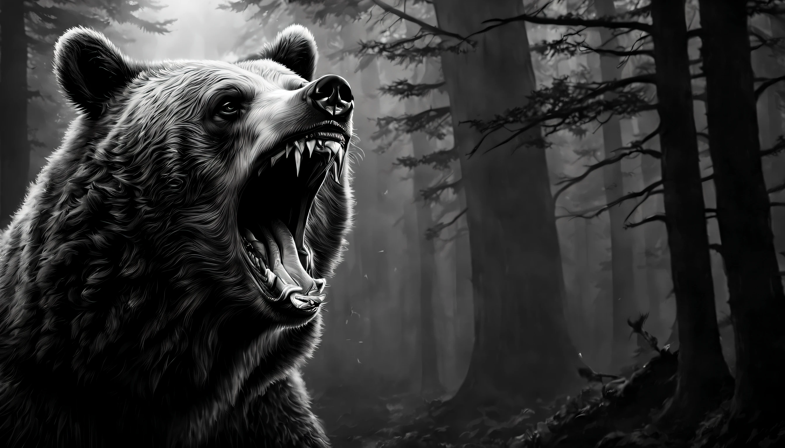 arafed image of a black and white photo of a bear with its mouth open, highly detailed dark art, fenrir, dark but detailed digital art, detailed 4k horror artwork, 4k highly detailed digital art, 4k detailed digital art, ominous creature hiding detailed, 4 k highly detailed art, digital art 4k unsettling, 4 k hd wallpaper very detailed