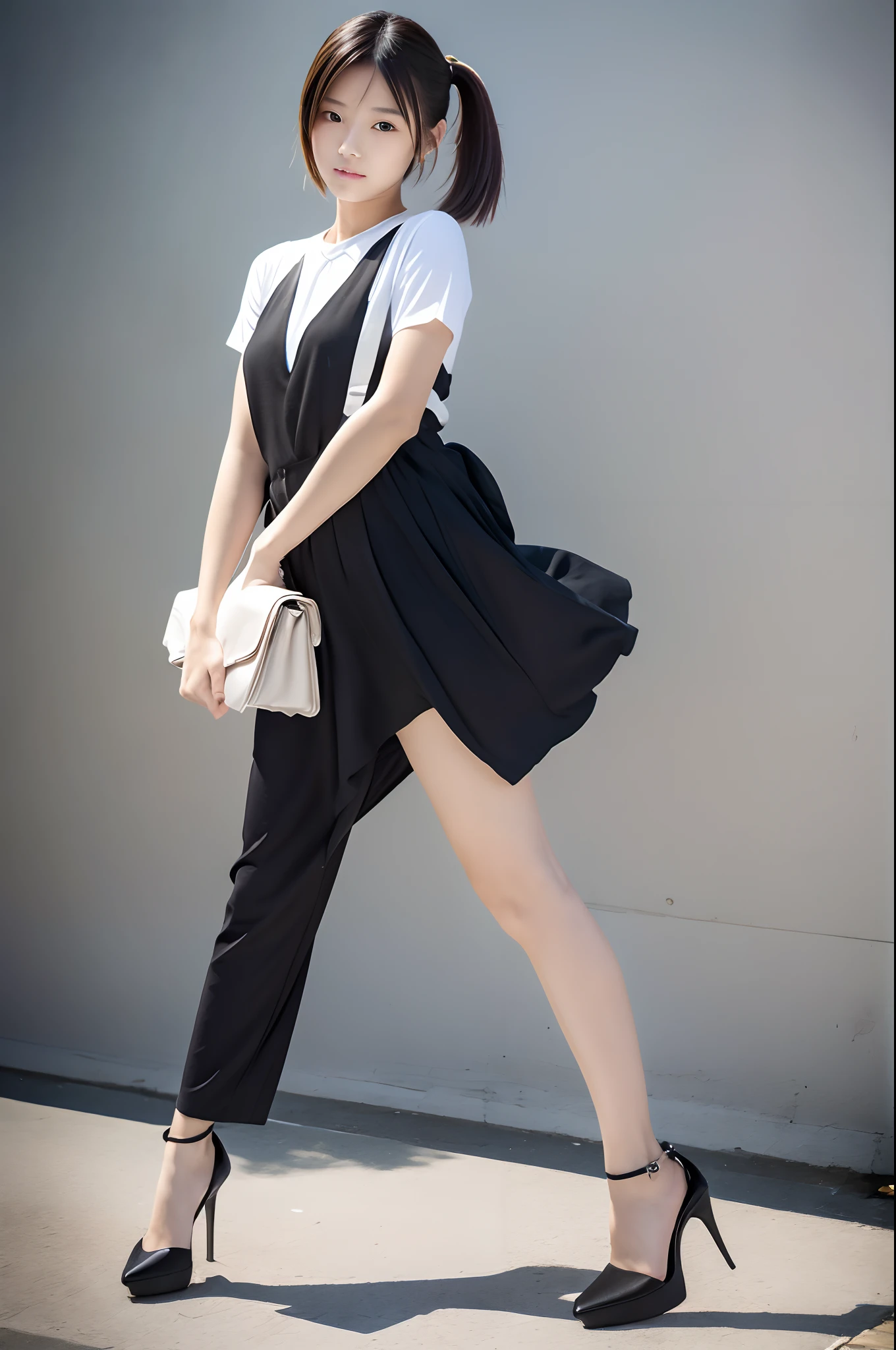 best qualtiy，tmasterpiece，超高分辨率，（fidelity：1.4），1girl，detailed face, short pony tail, long leges，standing on your feet, high-heels.