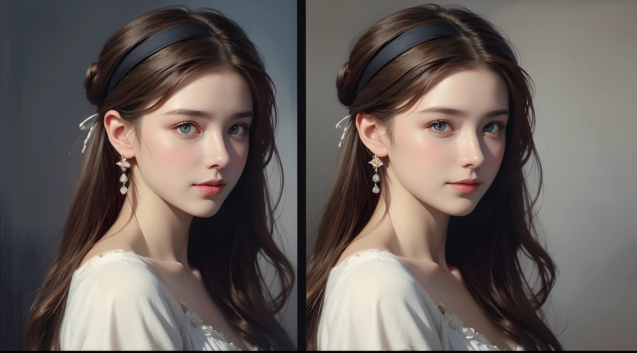 (8K, Best quality, Masterpiece: 1.2), (Best quality: 1.0), (Ultra-high resolution: 1.0), aquarelle, A beautiful woman, Smile,(shiny pupils,Blue pupils),bshoulders, Headband, Agnes Cecile, Bust portrait, extremely luminous bright design, Pastel colors, Autumn lights, Moody gray, Tenacious style Alexei Savlasov, Ivan Shishkin, Ilya Repin, (Card retouching: 1.2), 2D, (Oil painting: 1.2) Highly detailed