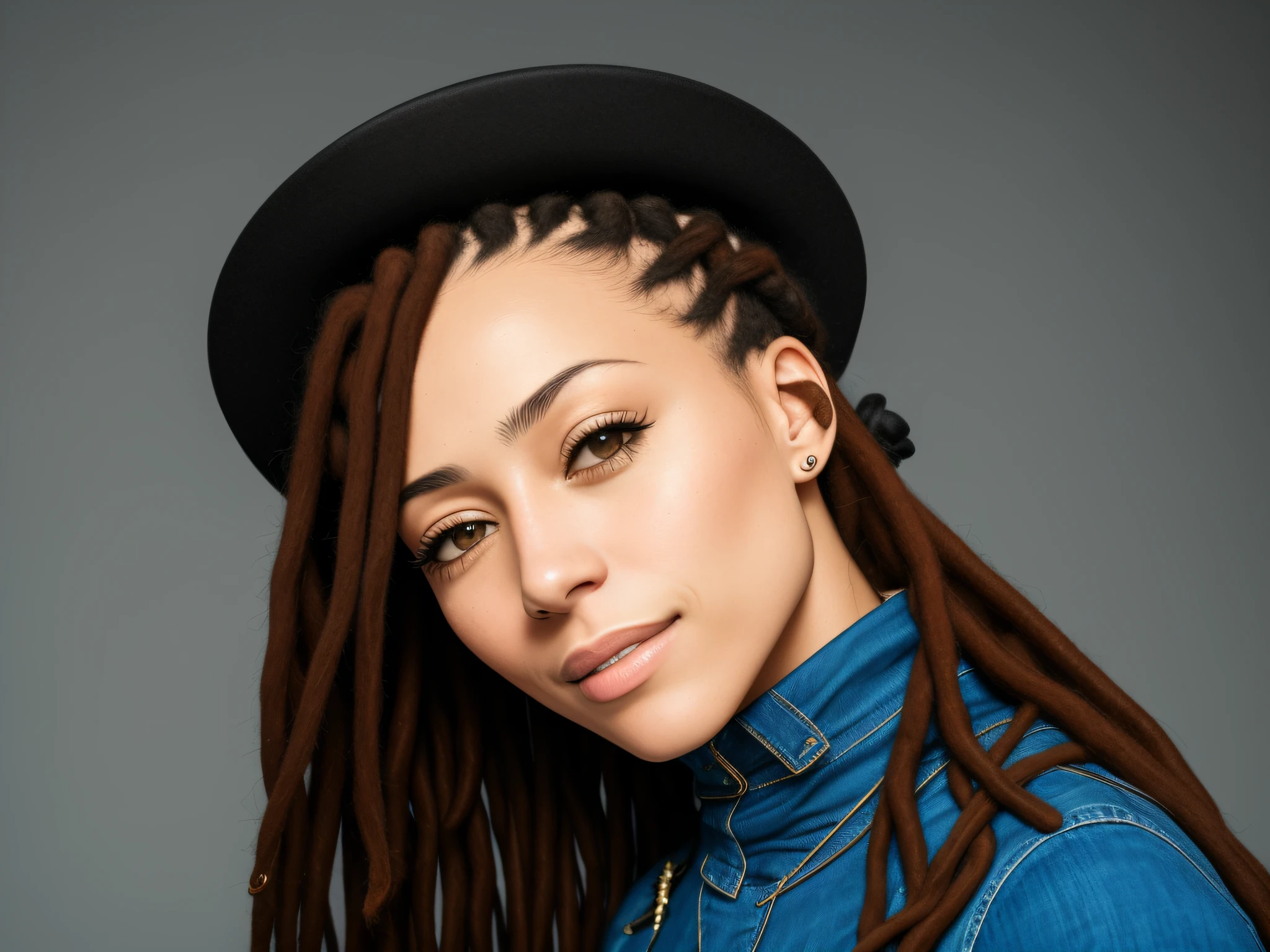 there is a woman with dreadlocks and a hat posing for a picture, close up portrait photo, ashteroth, high quality portrait, headshot profile picture, medium close up portrait, headshot portrait, headshot photo, medium portrait, close portrait, portrait image, portrait of maci holloway, closeup headshot, closeup headshot portrait, close - up portrait shot