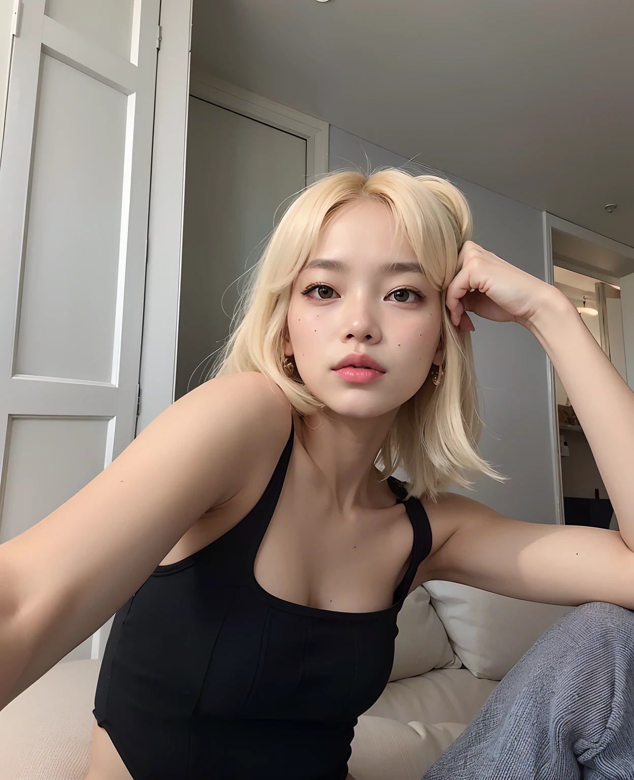 Blonde woman in black top sitting on a sofa with her hand on her head, Dom Yunjoo, Lalisa Manobal, imagem vazada, com cabelos curtos, Heonhwa Choe, Parque Roseanne do Blackpink, she is wearing a black tank top, her hair is white, TaeJune Kim, Lalisa Manoban do Blackpink, Jinyoung Canela