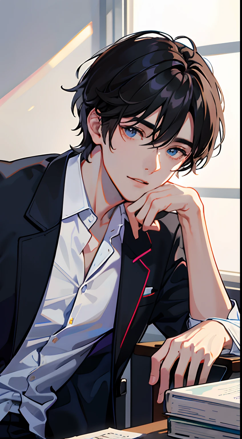Male,Man,shoun,Young men,One guy,High school students,Inside the office,school uniform,extreme hight detail,Realistic light and shadow,facula,softlighting,soft focus,Best quality at best,Look at the lens head-on,Close-up above the chest,Close-up