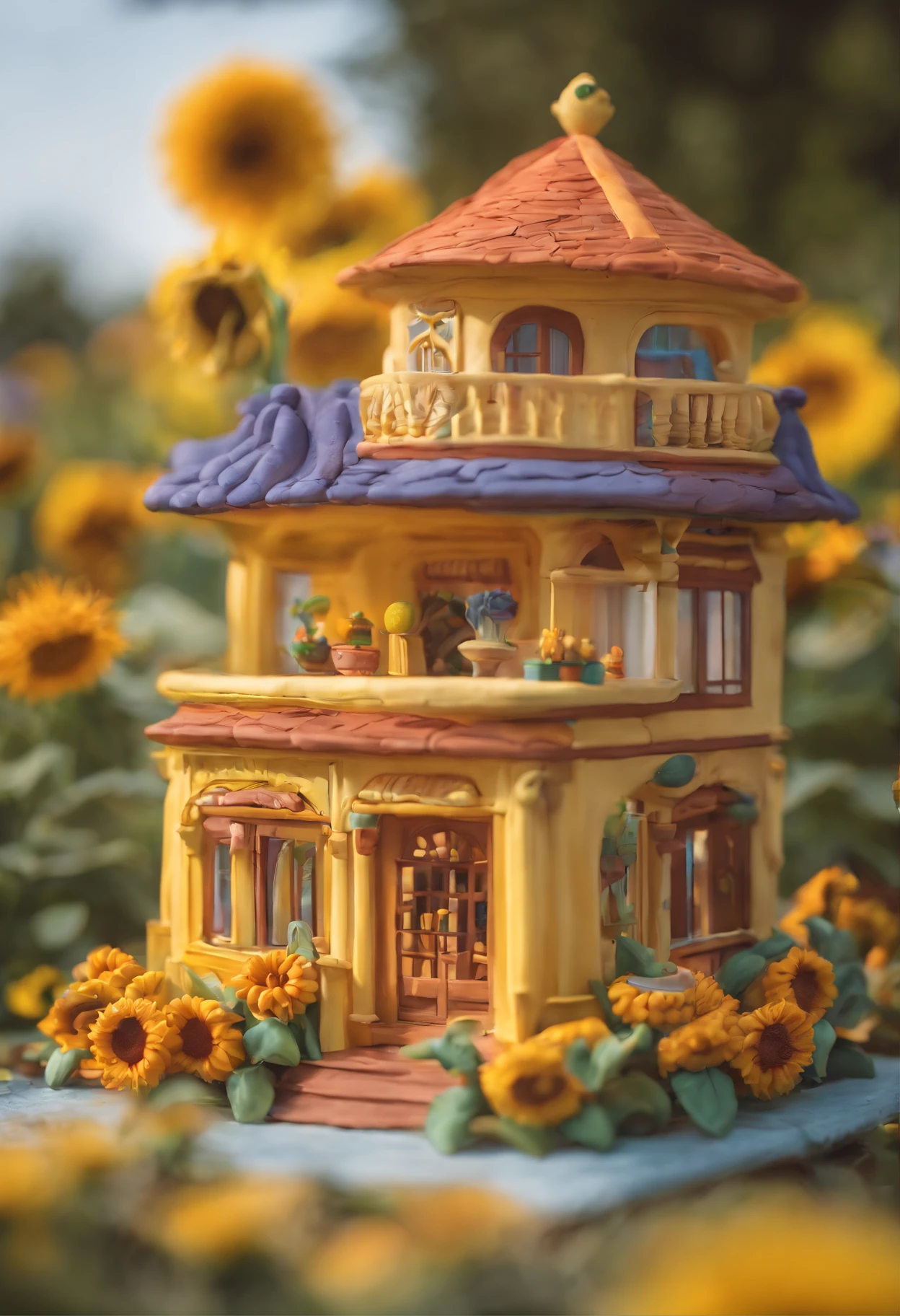 Sunflower House Gloria Studios, The garden is full of sunflowers, Clay material, Cartoon design style, pop mart, Soft lighting, Smooth lines, tilt shift lens, Detailed science fiction illustration, Hyper-realistic details, warm color