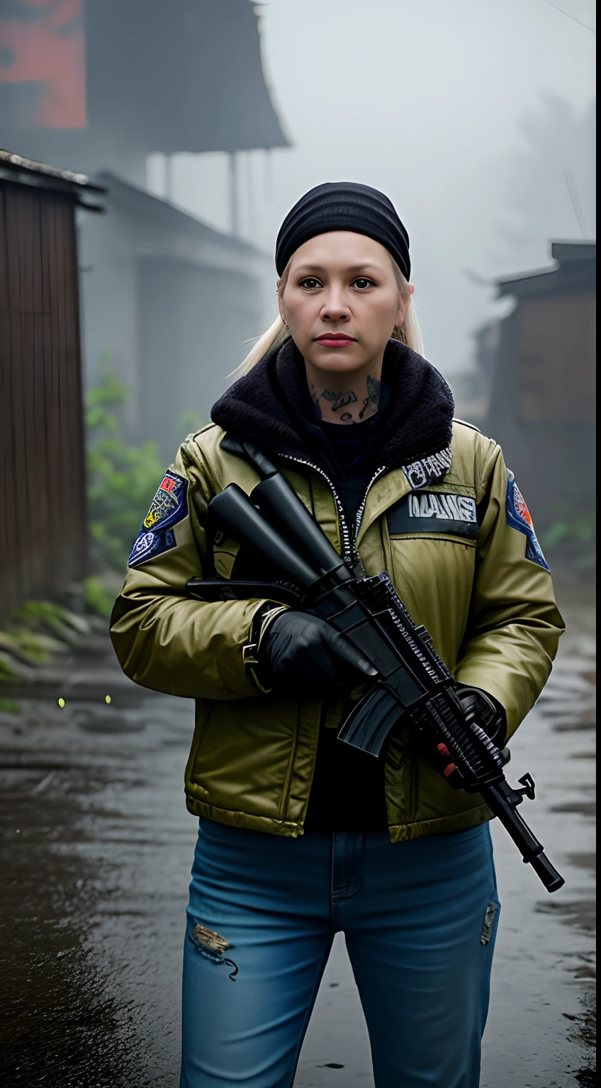 poles, Rainy, One woman rejoined after her daughter went missing and became a retired police officer with tattoos, Slums with criminals and weapons in Free Fire, 16 k, gritty