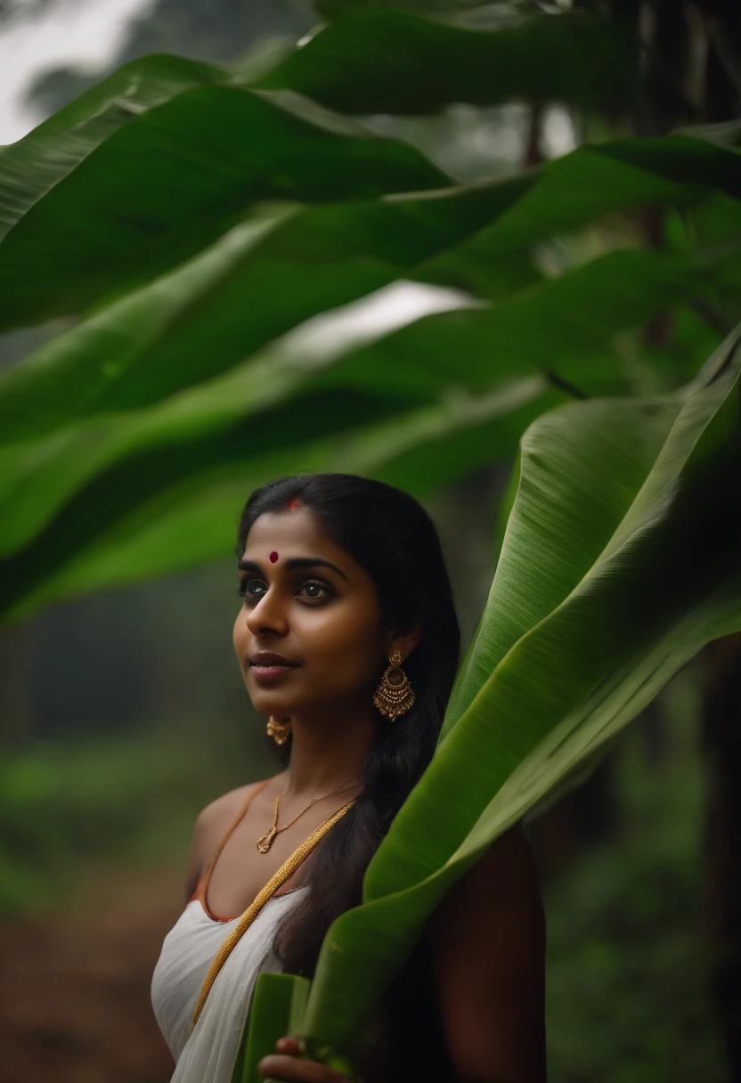 Kerala girl showing back pose not showing face holding banana leaf on hand. --realistic --8K. deep nature in dark foggy