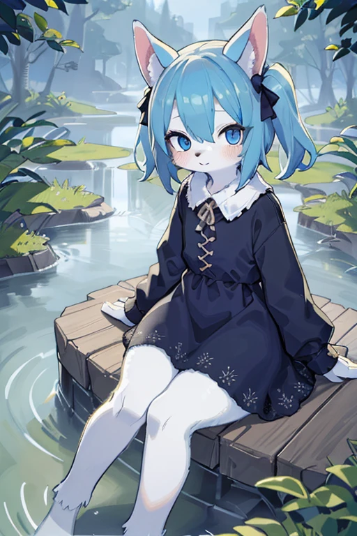 ((masterpiece, best quality)),furry, animal ears,  tail, bodyfur, 
(ultra-detailed), (illustration), (ultra highres), (delicate illustration), (hyper detailed),1girl, blue_dress, blue_eyes, blue_hair, blush, dress, long_sleeves, outdoors, pond, short_hair, sitting, soaking_feet, solo, twintails, two_side_up, water