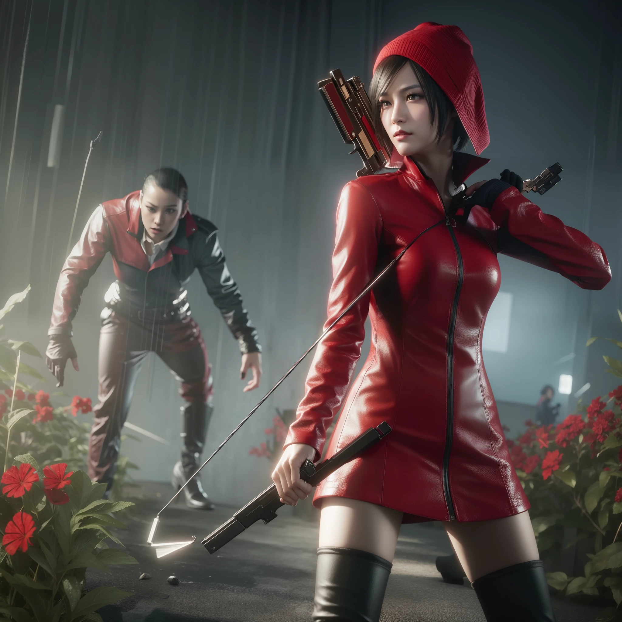 HD, ada wong, beautiful face, bob hair, red coat with black nail polish, glare, holding a gun