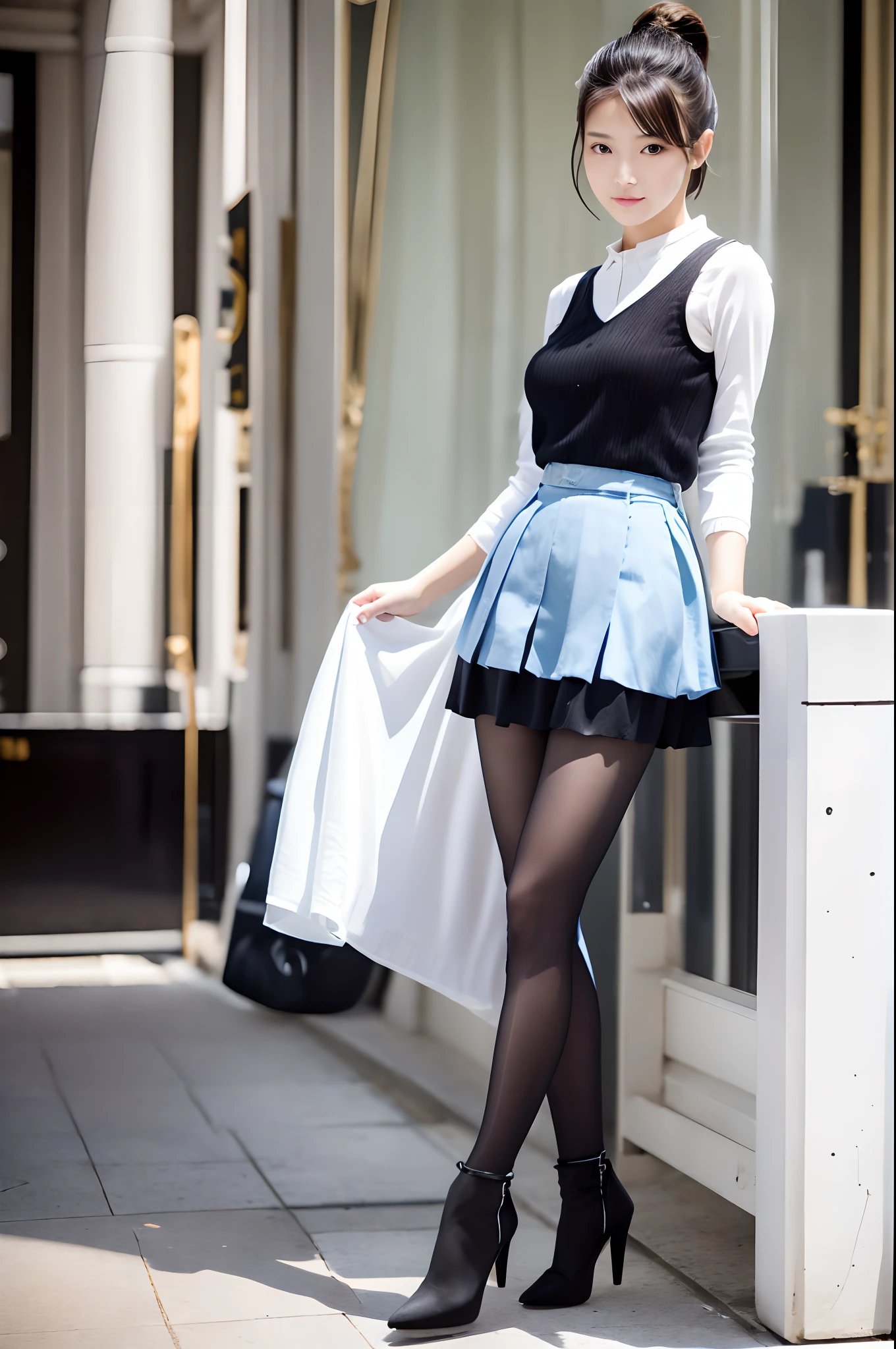 best qualtiy,tmasterpiece,超高分辨率,(fidelity:1.4),1girl,detailed face, short pony tail, long leges,standing on your feet, high-heels.