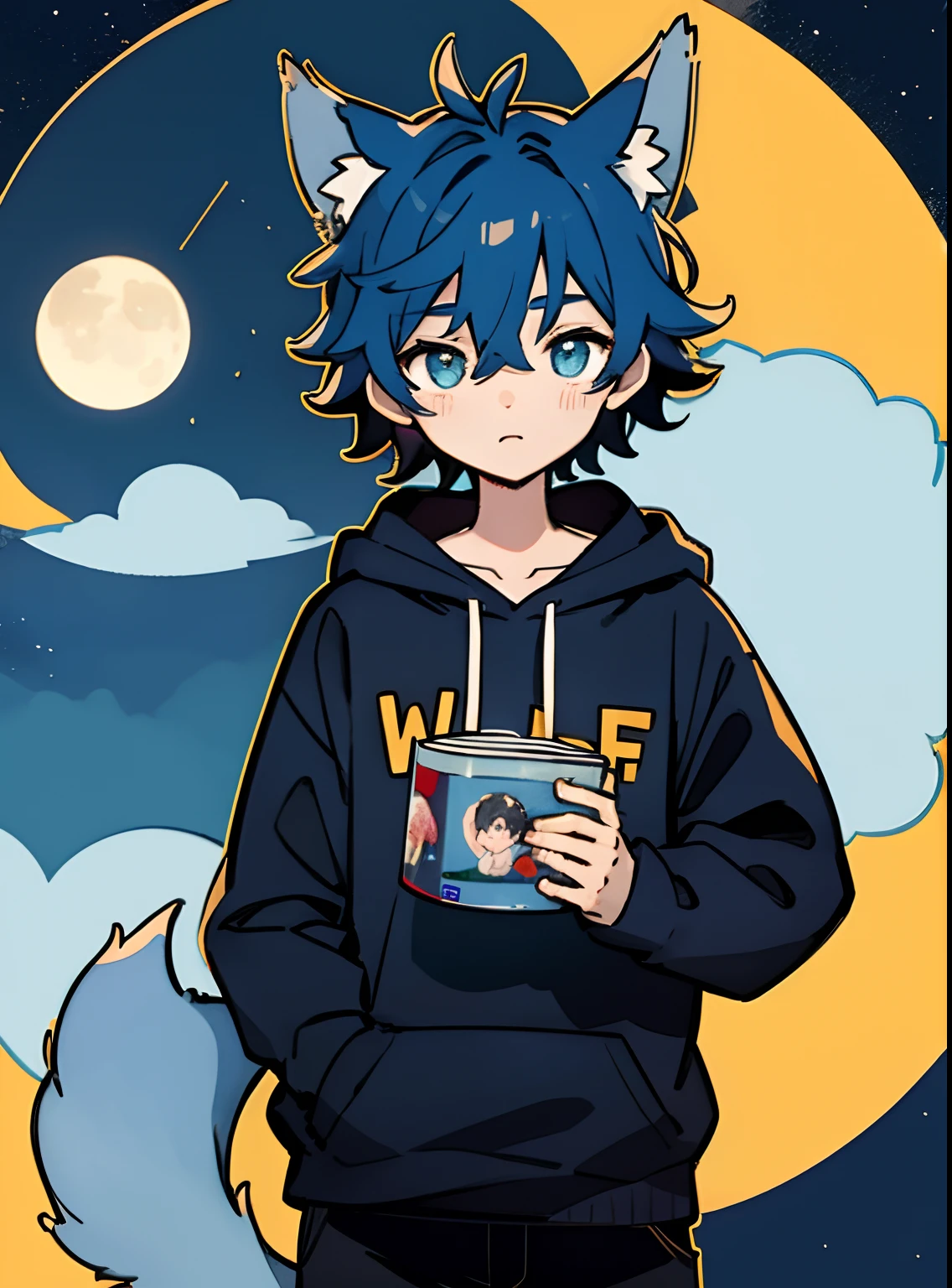 Dark blue hair, wolf haircut, messy hair, short hair, male character, wolf ears, looking the sky, big moon background, cyan eyes, basic expression, big black sweatshirt, casual clothes, big wolf blue tail, cool, lovely, thinking, illustration, aesthetic, beautiful digital artwork, mythical, bloom, shine, glowing eyes, colourful, toon, masterpiece, high quality, handsome character, close up, cute