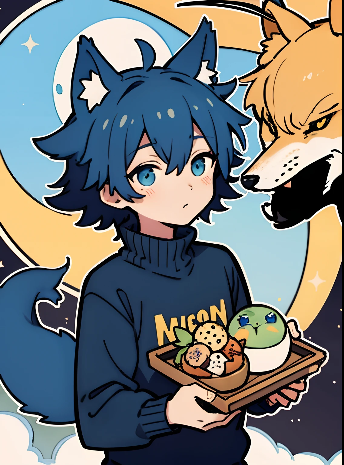 Dark blue hair, wolf haircut, messy hair, short hair, male character, wolf ears, looking the sky, big moon background, cyan eyes, basic expression, big black sweatshirt, casual clothes, big wolf blue tail, cool, lovely, thinking, illustration, aesthetic, beautiful digital artwork, mythical, bloom, shine, glowing eyes, colourful, toon, masterpiece, high quality, handsome character, close up, cute