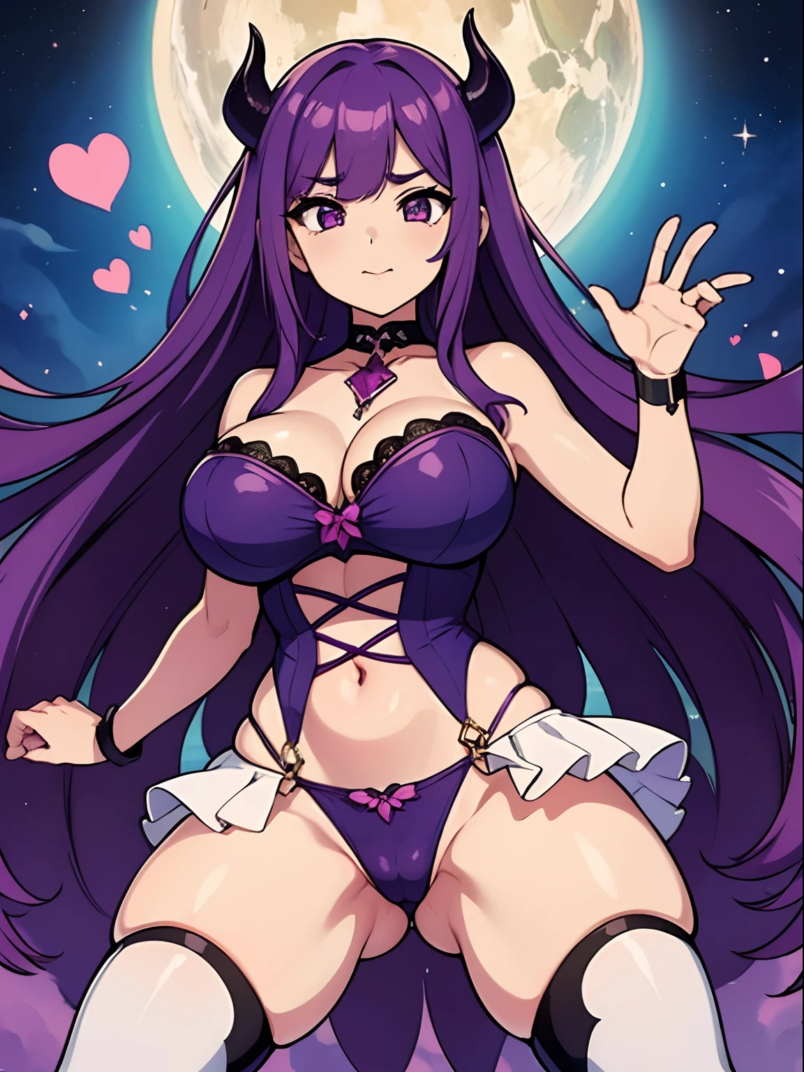 (melhor qualidade, obra-prima), 1meninas, (purple hair), (demon), Feliz, corada, rechonchuda, Fofa, emphasis on the thighs, Pose sexy, big breasts
