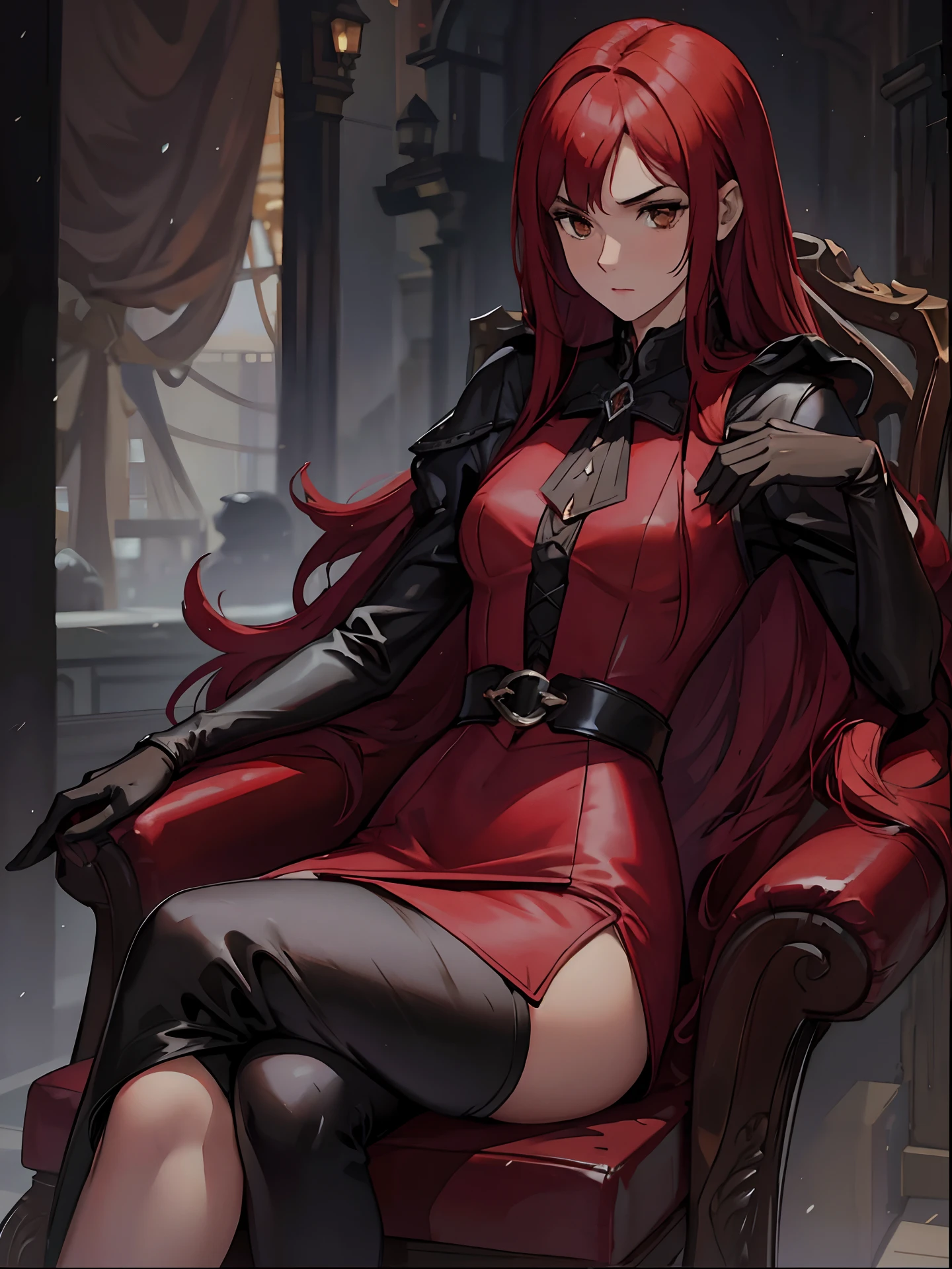 a mature woman, green eyes, red hair with long bangs, noble, mafia. sadistic women, wavy long hair. wear black purple winter jacket. strong woman. background in mansion