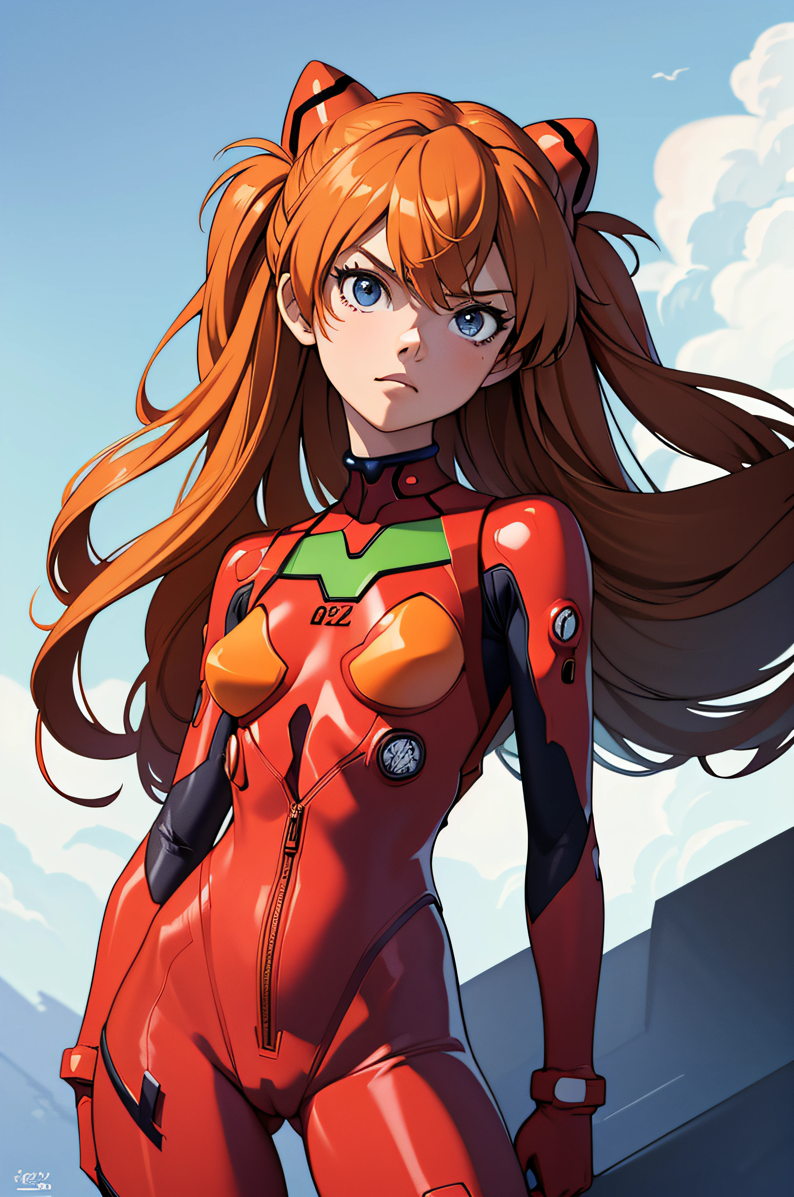 (masterpiece, Highest quality, High resolution:1.2), (Complex and beautiful:1.2), (Detailed light:1.2), (colorful, Dynamic Angle), Upper Body Shot, Cute Fashion Photography, Intense long hair, (Asuka Langley), Wear a highly detailed Evangelion red suit, Flirting in POV, Dynamic pose, Soft light passing through hair, (Abstract background:1.3), (Cinematic),