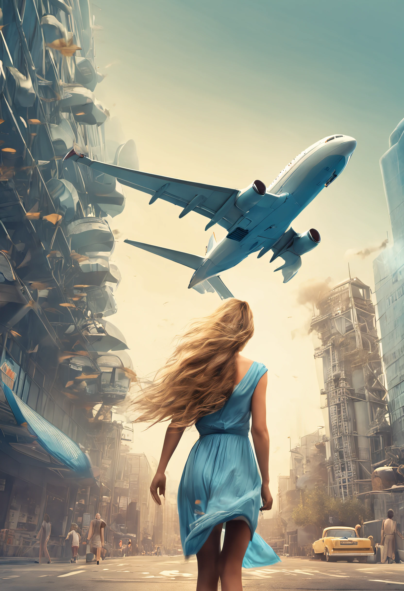 Realistic girl, blond hair, wearing simple light blue casual dress, long hair blowing in wind, looking at big passenger plane taking off from ground