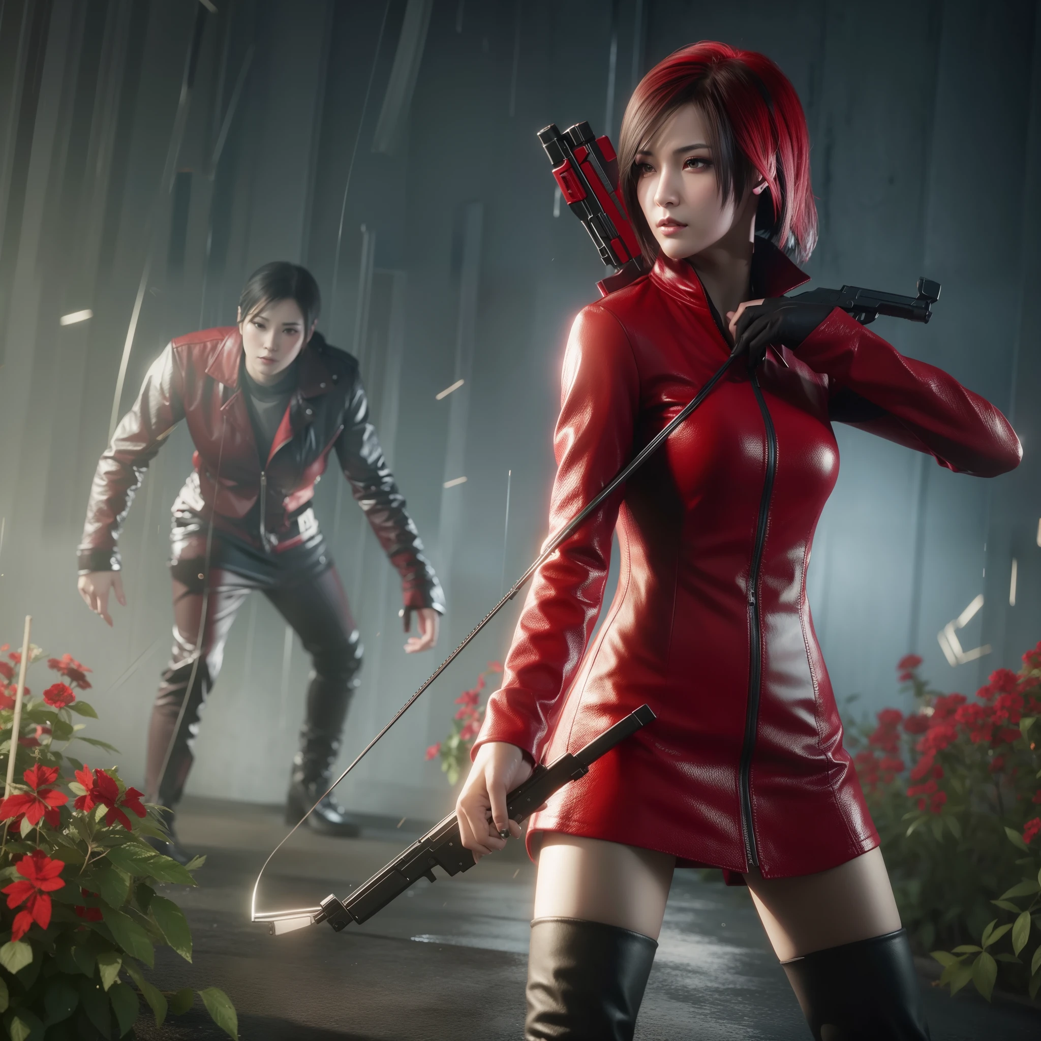 HD, ada wong, beautiful face, bob hair, red coat with black nail polish,  glare, holding a gun