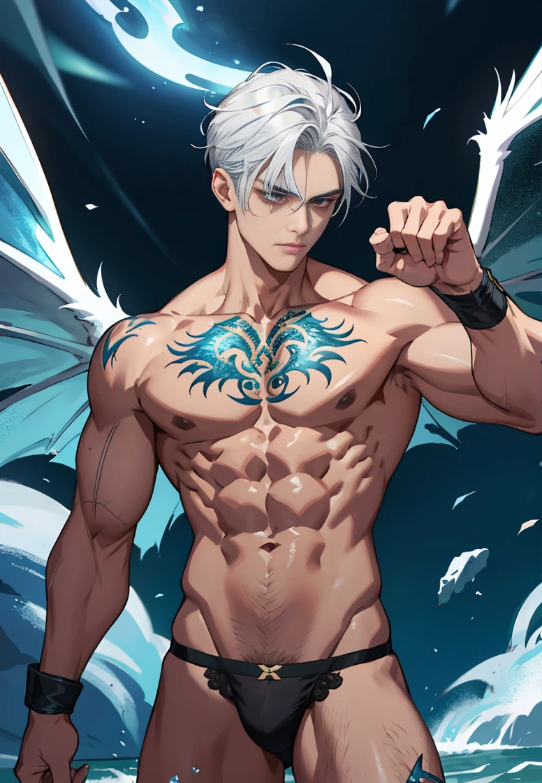 In the bright galaxy,The boy has a pair of crystal dragon horns,There is a pair of crystal dragon wings growing on its back,,Delicate and lubricated skin,Jewel-colored tattoos,Silver hair,Hot age flesh, A meticulous face,Handsome face,18 year old young beautiful man,Handsome guy,Muscle Junior,Tall figure,Eight-pack abs,Broad pectoral muscles,Bare thighs,,Only thongs were worn,No other clothing,Only thongs were worn,low waist thong,Sexy thongs,Men's tong,Narrow tong,Wearing thunderbolt gloves,Clench your fists,The expression is fierce,The eyes are fierce,Launch an attack,fistfight,fights,Fight,Initiate a battle