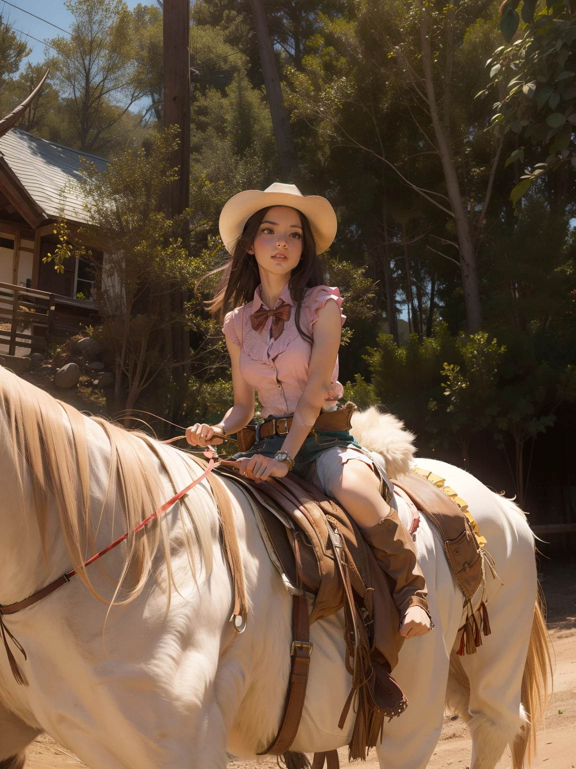 Girl wearing a cowgirl outfit rolling a bow on her right hand