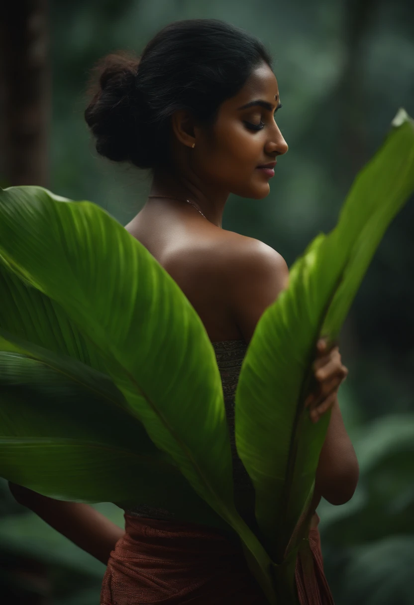 Without face. Kerala girl showing back pose holding banana leaf on hand. --realistic --8K. deep nature in dark foggy