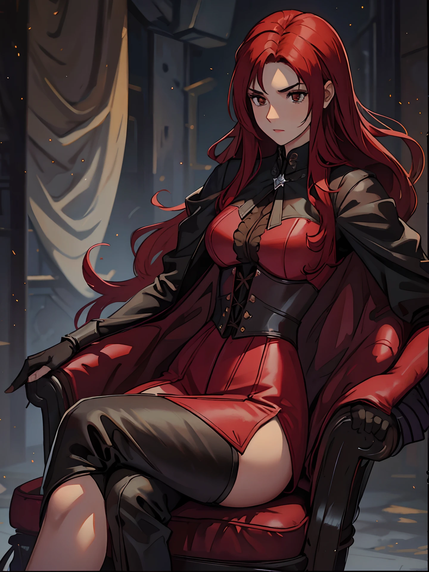 Erza Scarlet is one of the main characters in the series. The young woman with scarlet hair and brown eyes is described as an amazing woman, very strict and who does not admit when others make mistakes. She's a slender, Figura elegante com curvas bem desenhadas. Her most common attire consists of a corset with custom-made laces, a pair of black pants, Botas pretas e brincos em forma de diamante, in high resolution, circunstanciado ((melhor qualidade))