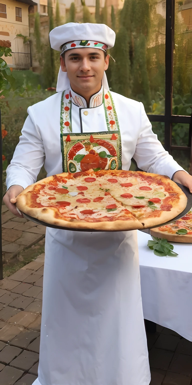 Un hombre con uniforme de chef sostiene una pizza, Presentando una pizza grande, presenting pizza, La pizza tiene un cornicione grande, sosteniendo una pizza grande!!!, Sosteniendo pizza, ofreciendo un plato de comida, cocinar pizza, pizza, Pizza italiana, pastel de pizza, sosteniendo una pizza, pizza!, Pizza Cosmos, Pizza en una mesa, Pizza en primer plano