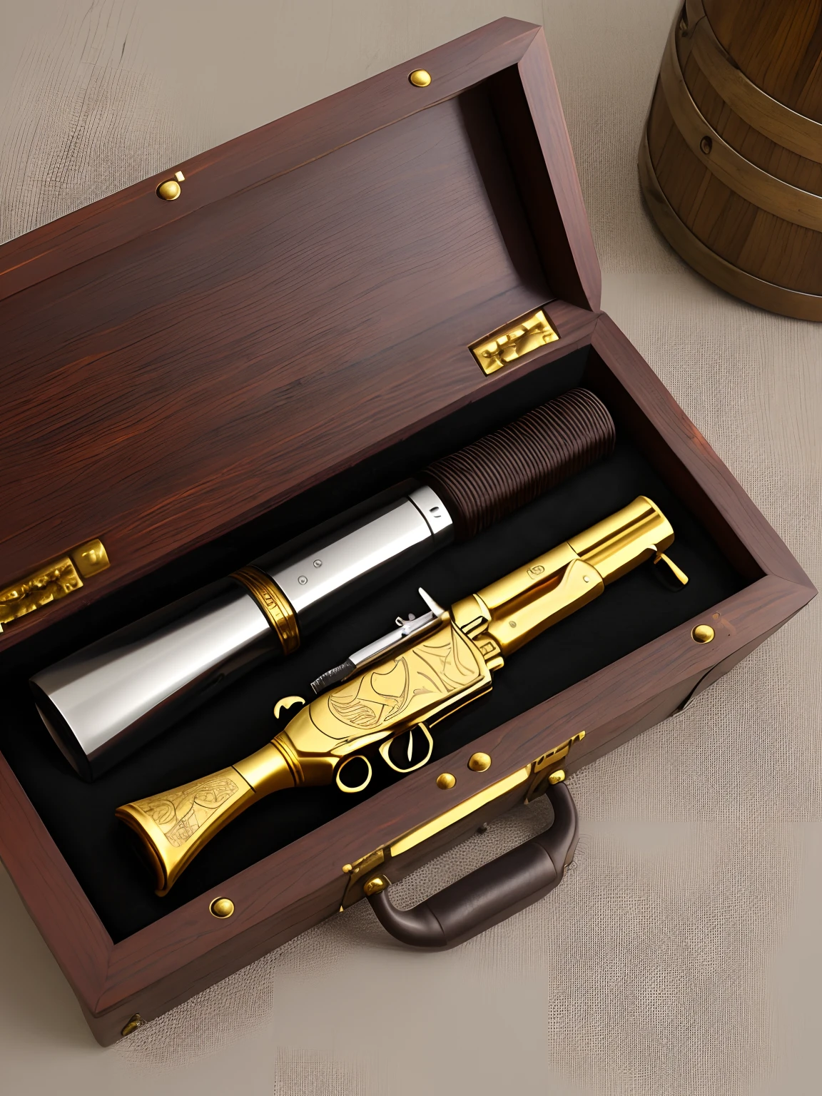 Golden revolver with 7 chambers and a black wooden handle, a barrel engraved with Nordic runes