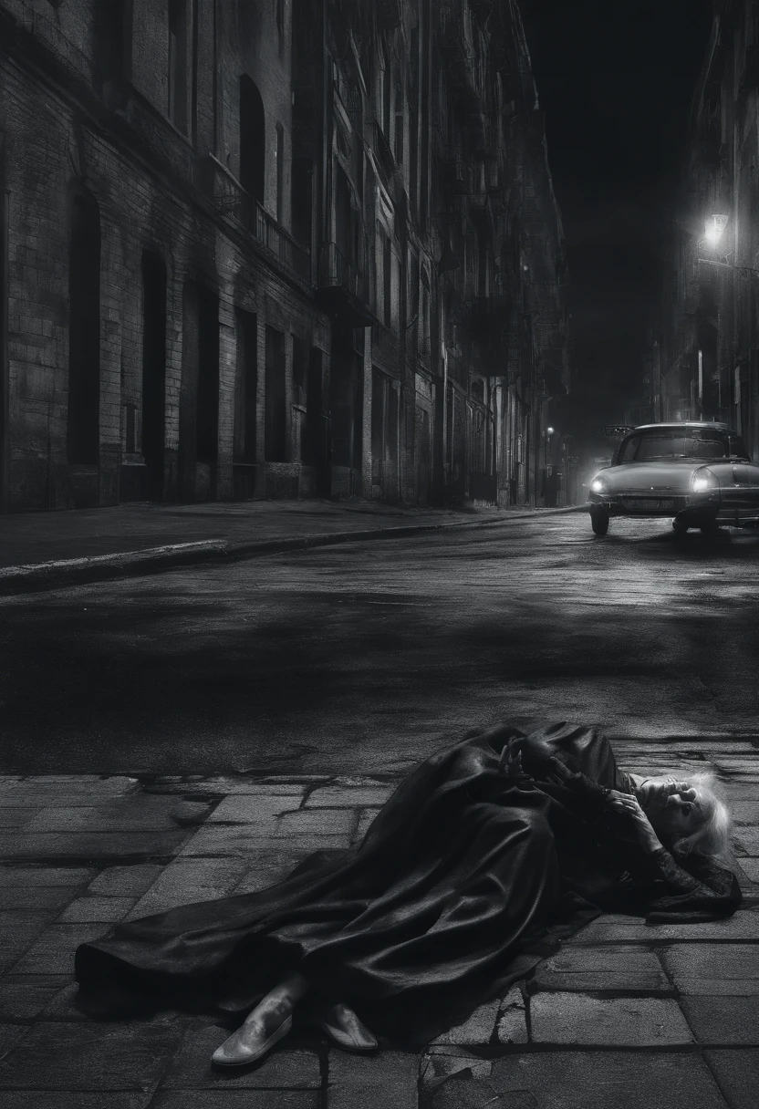 (melhor qualidade, Altas, artistic masterpiece, Realistic:1.2), atmosfera sombria e misteriosa, A 60-year-old woman lying on the sidewalk with moving cars in a city, Eerily poetic, Psychological dissection, Conceptual exploration