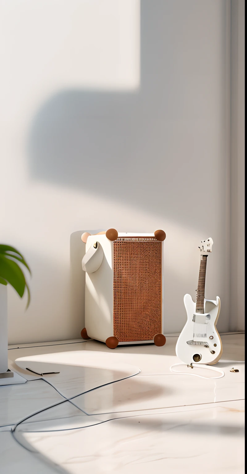 HD,A red outdoor speaker on white marble,There is an electric guitar next to it,tmasterpiece,Natural light and shadow,of a real,Warm sunlight outside the window,Detailed details,Light background