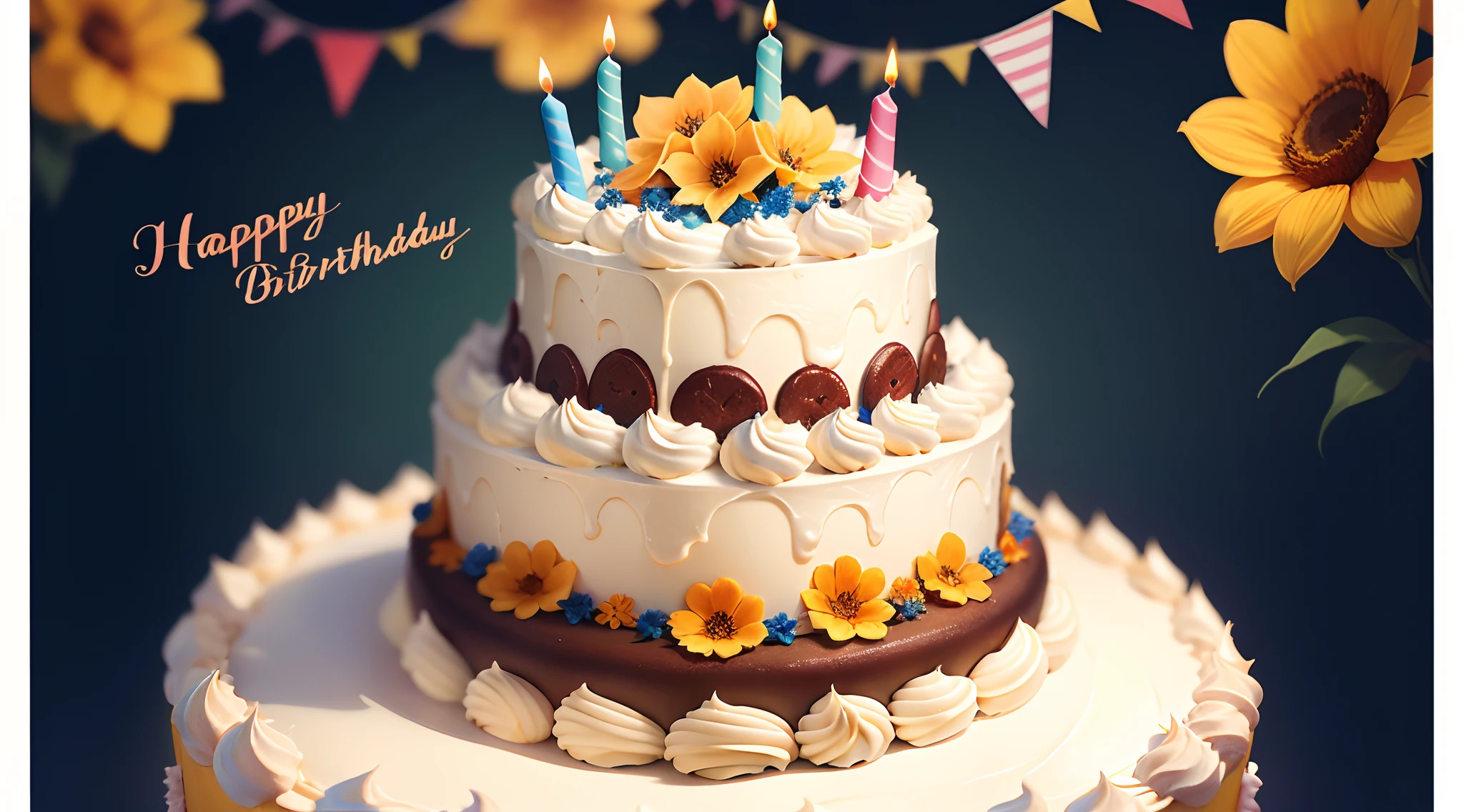 The birthday cake,Colourful,Full of orange flowers on a background,Happy birthday celebration