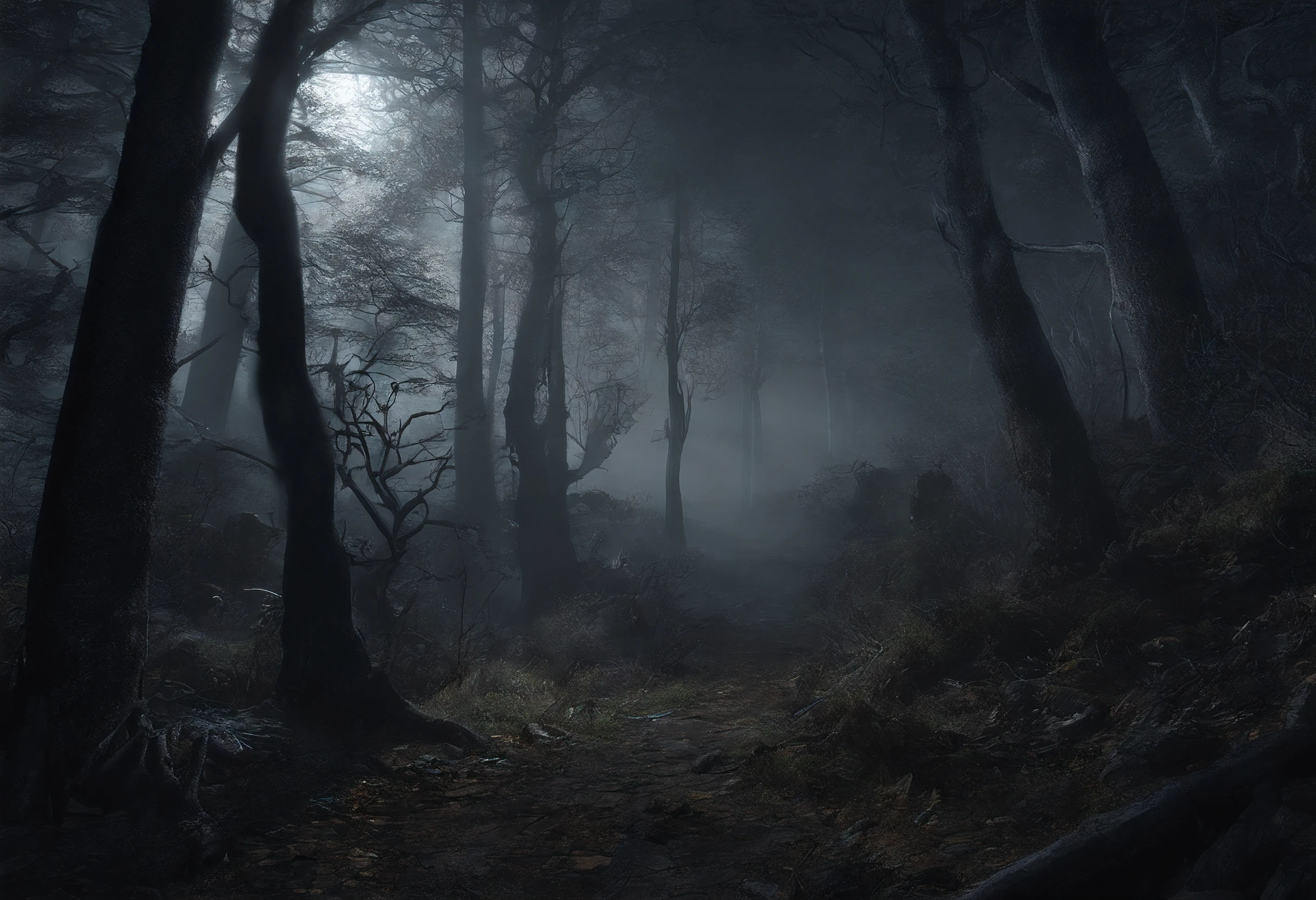 Best Shadowy Forest Landscape at Night with Mists and Dry Trees, caveiras, noite escura, darkeness, Sombras, surrealismo, melhor qualidade, Ultra realista, highes definition, extremamente detalhista, high saturated, Alto contraste, obra prima, macabro, noturno, sombrio.