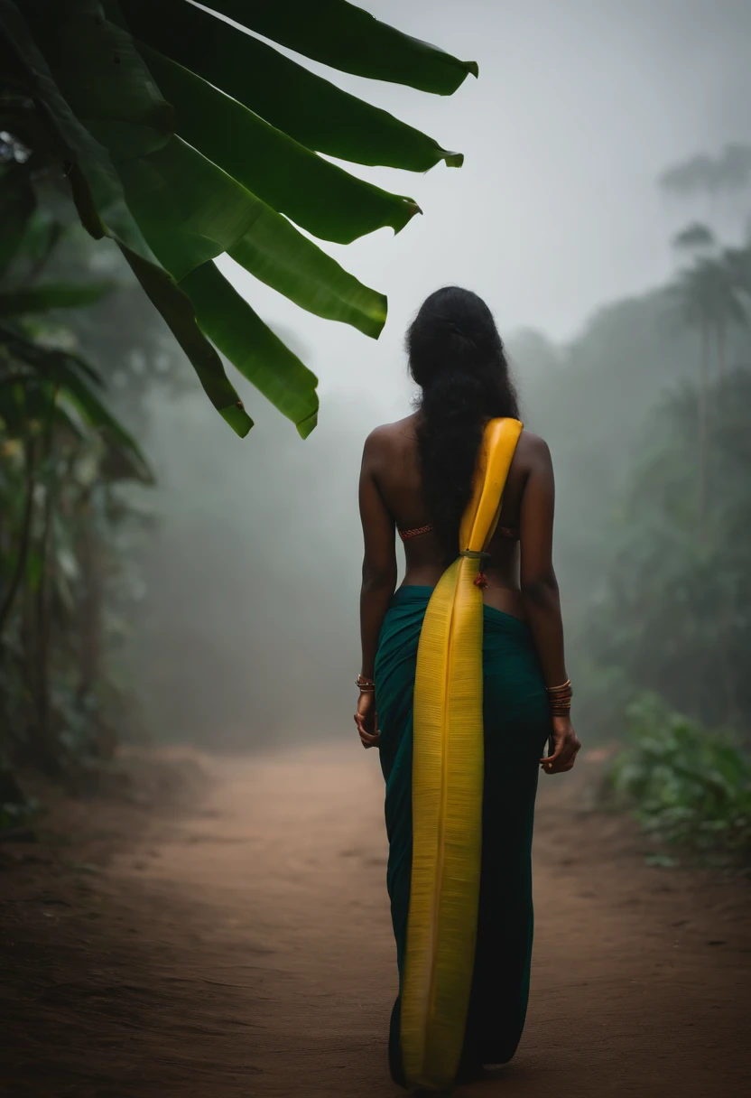 Kerala white girl showing back pose - without face - long view - holding -- banana leaf on hand. --realistic --8K. deep nature in dark foggy. big booty