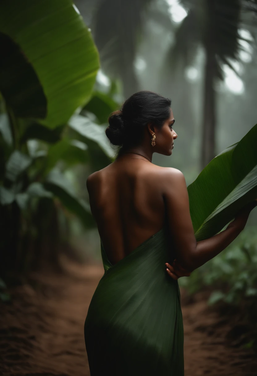Kerala white girl showing back pose - without face - long view - holding -- banana leaf on hand. --realistic --8K.  deep nature in dark foggy. big booty
