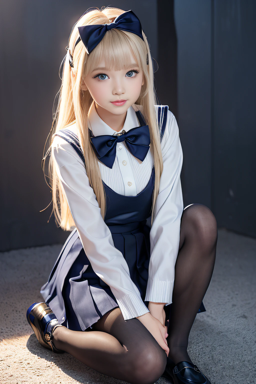 (8K、Raw photography、top-quality、masterpiece:1.2)、(realisitic、Photorealsitic:1.37)、ultra-detailliert、超A high resolution、女の子1人、(beautifull detailed face、Golden Ratio Face、Balanced blue eyes、二重まぶた,lipgloss)、Beautiful detailed skin、Skin Texture、Professional Lighting、(Very beautiful girl)、Happy smile、View photographer、Glowing white shiny skin、(Attractive bright natural platinum blonde super long straight silky hair)、eye liner、Lush bust、(((Navy blue sailor suit、bow ribbon)))、(((Navy blue pleated skirt、black pantyhose、Loafer shoes)))