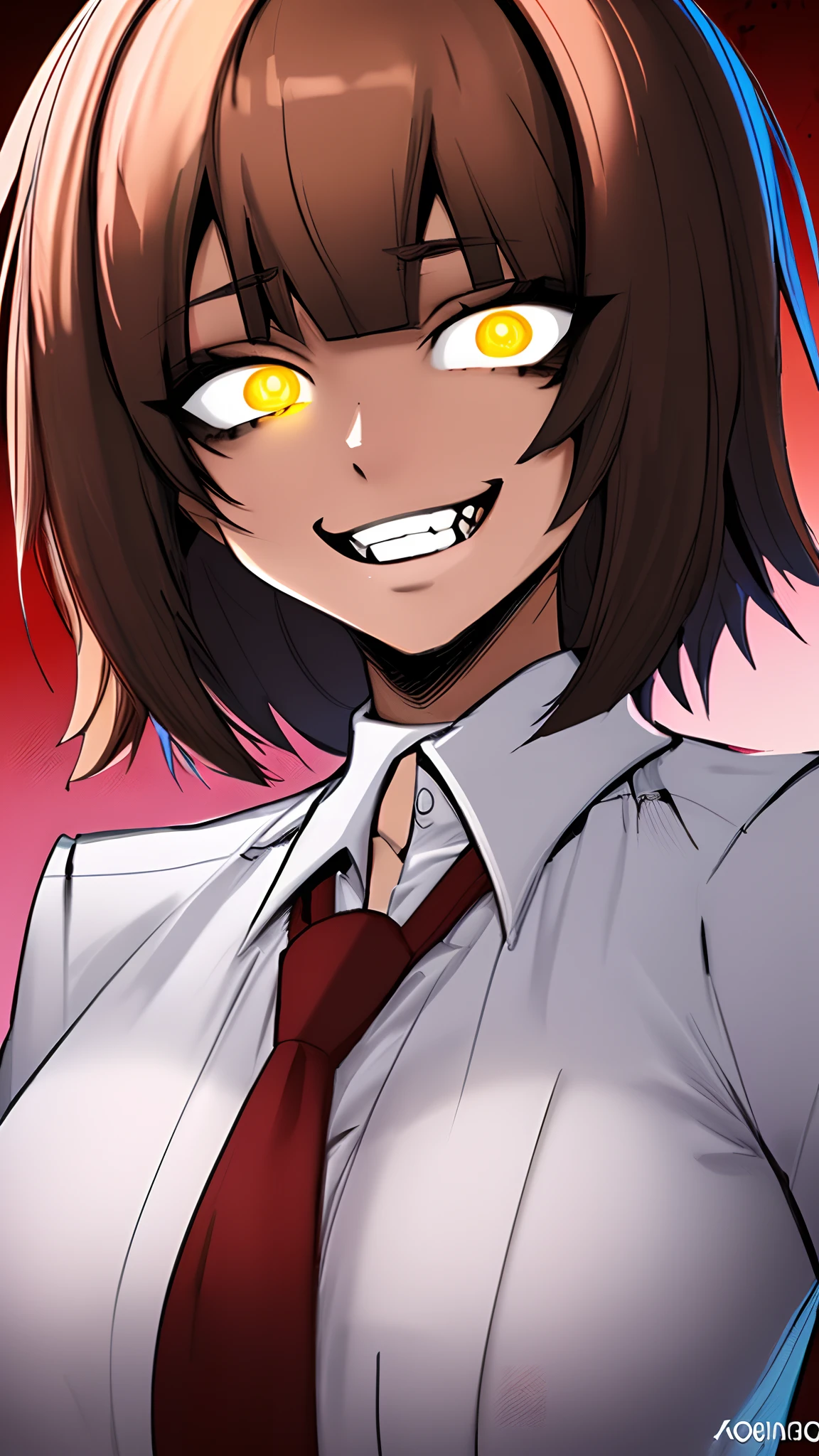 masterpiece, gorgeous, best quality, highres, 1girl, ((solo)), colorfull, red_haired, dangerous,vivid eyes,yellow eyes, alone, white shirt, mesmering eyes, bangs, hair braid, smilling, scary smile, madness, ((blood, colorful, ink)) BREAK intimate, long braid, digital art, high details, modern, intricate, perfect face, traced lights, scary, (sensual), misteryous, blood, BREAK (makima \(chainsaw man\), backlight, glowing eyes, artistic, wallpaper, black tie ,neon, fog, BREAK superior, braid, absurdes, makima \(chainsaw man\),, crazy smile,>, HyperStylizeV6