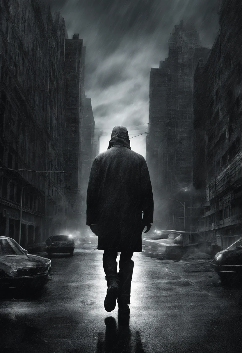 (melhor qualidade, Altas, artistic masterpiece, Realistic:1.2), atmosfera sombria e misteriosa, Young man walking on sidewalk with moving cars in a city, Eerily poetic, Psychological dissection, Conceptual exploration