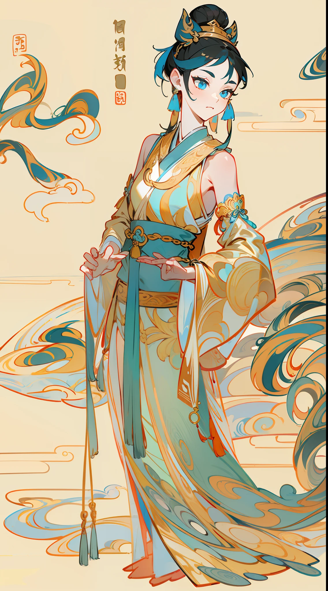 An ancient Chinese beauty,Dance,The ornate costumes are embroidered with intricate embroidery,A long transparent colored streamer is tied around the arm,flowy,Open navel,cropped shoulders,Bare neck,Yingluo,Black coiled hair bun hairpin hairband,The armband is tied with a streamer,Bracelet,Anklets,full bodyesbian,Faraway view,A metal chain tassel is tied around the waist,Mogao Cave Art,Inspiration for the Dunhuang flying mural,water ink,