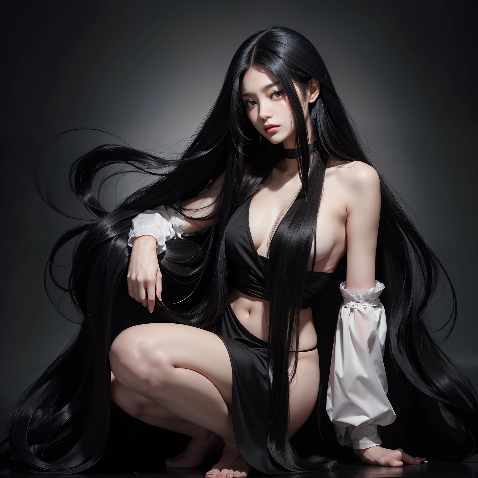 (Top image quality、top-quality、Top resolution、hyper realistic photography、Full body photo、​masterpiece、16ｋ、）1girl in、Surprisingly long black hair is super beautiful、hair length about 3 meters、White underwear or naked、Hide the whole body with straight black hair、Very beautiful face、well-groomed beautiful black hair、very large amount of hair、Ultra-long black hair with an emphasis on sex appeal as a woman、slim figure、Lustrous beautiful hair、Bright lighting、profetional lighting、Winner of the World Long Hair Contest、Full body real photo、Head-to-toe photo、Photo taken from about 4 meters away、Super Real、Two hands、2 legs、The longest black hair in the world、Hair is heavy and tired、Hair longer than Rapunzel、very large amount of hair、I hide my whole body with very long black hair、Hair that is shampooed every day is very clean、Hair smells of roses、Very long black hair is my sex appeal、Very long black hair is my charm、Long black hair is a symbol of beauty、My pride is very long black hair、This long hair length and amount is admired all over the world、My very long black hair is spread out in a fan shape、Facing backwards、Sleeping face down、Silky black hair flowing from the shoulders to the floor、Ridiculously large amount of hair、The hair is ridiculously bushy、Wrap the entire bed in hair、Hide my hands with long hair、Hide my fingers with long hair、A storm of angry black hair that seems to overflow from the screen、