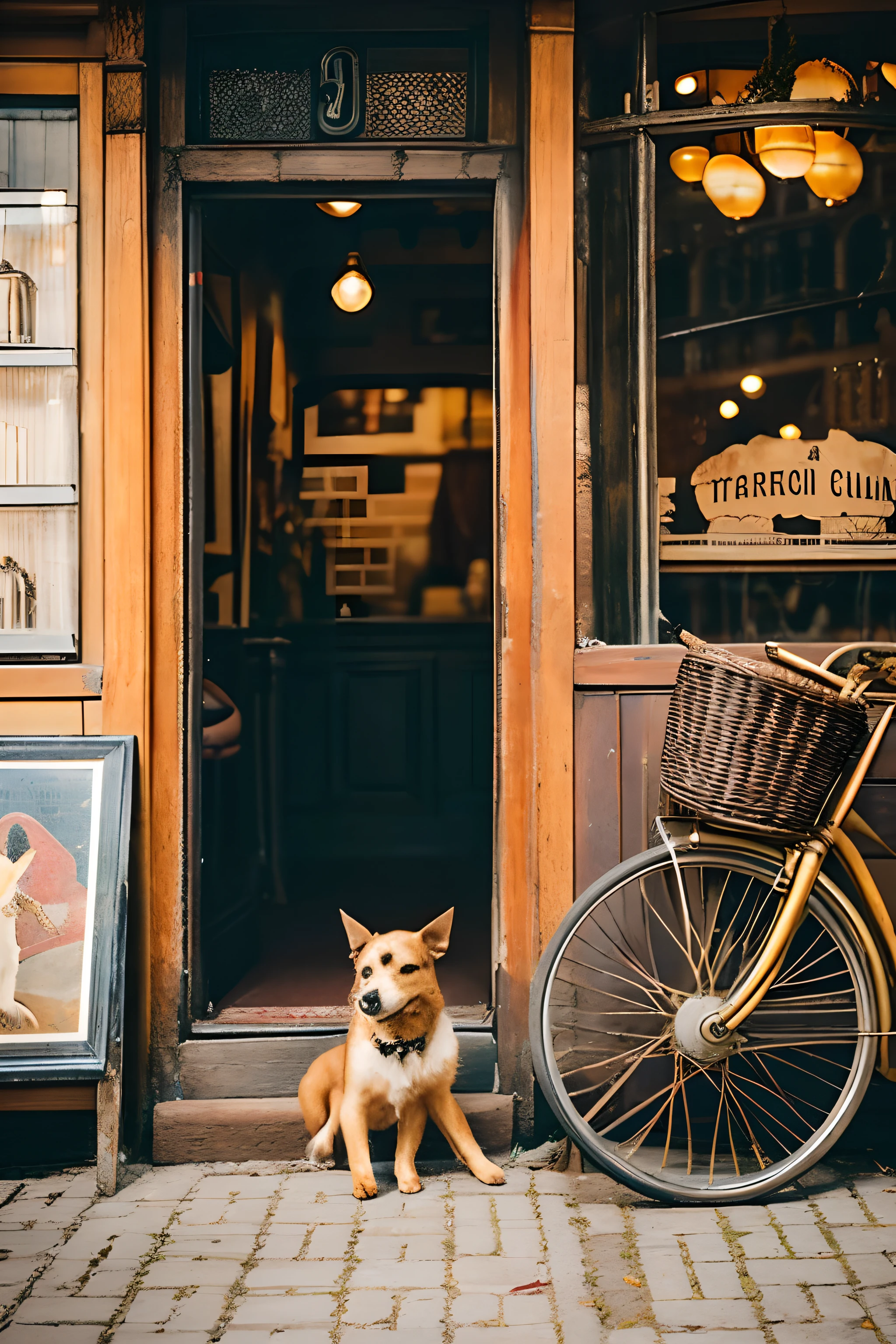 Imagine you're looking at a vintage store, Storefronts filled with antiques and curiosities. The Art Deco sign is、It adds elegance to the atmosphere. inside restaurant, Antique bicycle leaning against brick wall, Evoke memories of past adventures. The tree々Fallen leaves make a golden carpet on the ground, A playful dog chasing a ball in the street.