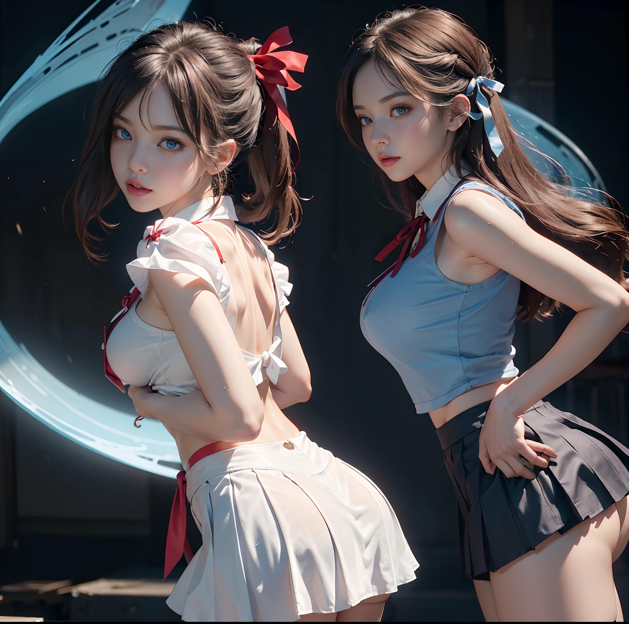 (top-quality, 4K picture quality, masterpiece, Professional lighting without shadows, A hyper-realistic), perfect anatomia, Two girls, ( with perfect body、Colossal breasts with tension:1.2), Bright and even whitening skin without wrinkles and steps, (Reflects a lot of light with bright and beautiful blue eyes with long eyelashes and plump red tear bags:1.2)、 Cute hairstyles, (Schoolgirl uniform gets wet and sticks to the skin, A tight-fitting blouse made of white ultra-thin fabric covers the upper body、Dress up with a super short super mini pleated skirt), (The skirt is too short and the big butt is exposed:1.3), (With taut huge breasts through the blouse、Proudly showing off her crimson ribbon tie head-on:1.2), (Another girl on the other side、Show off your big butt from right behind),