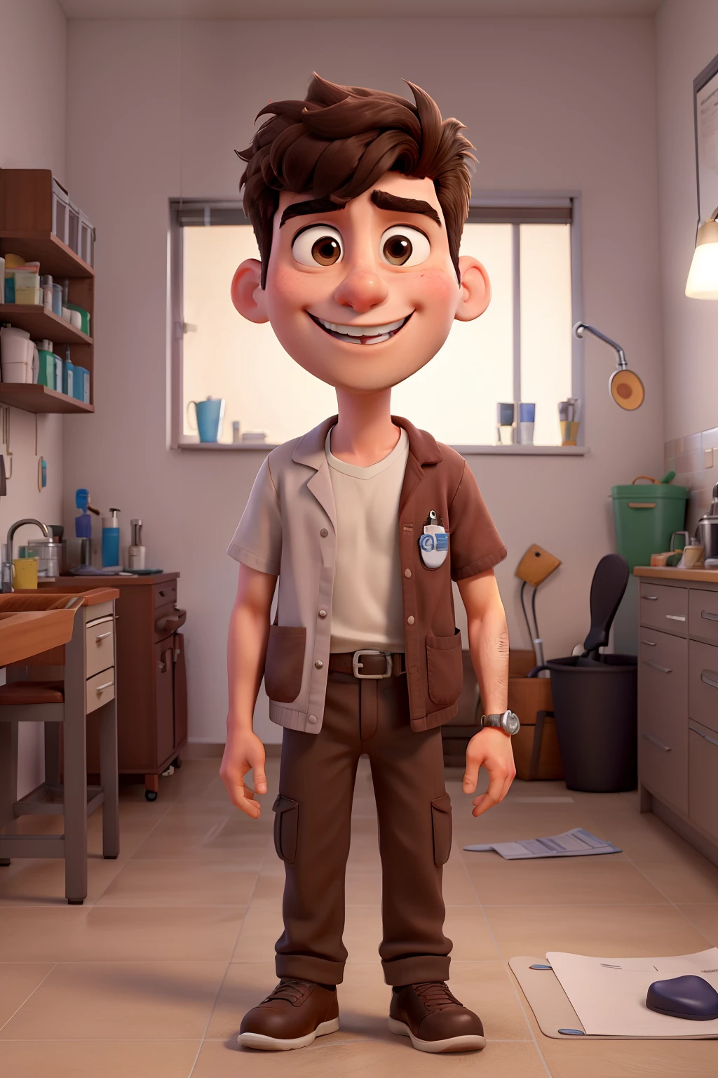 Pixar-inspired 3D poster capturing a scene of an 18-year-old male dentist with short, dark brown hair, He doesn't have a beard, olhos pretos, branco e rosto redondo e nariz pequeno, large lips. De branco, numa clinica odontologica. CColate a title in Portuguese: "Vem CROO"