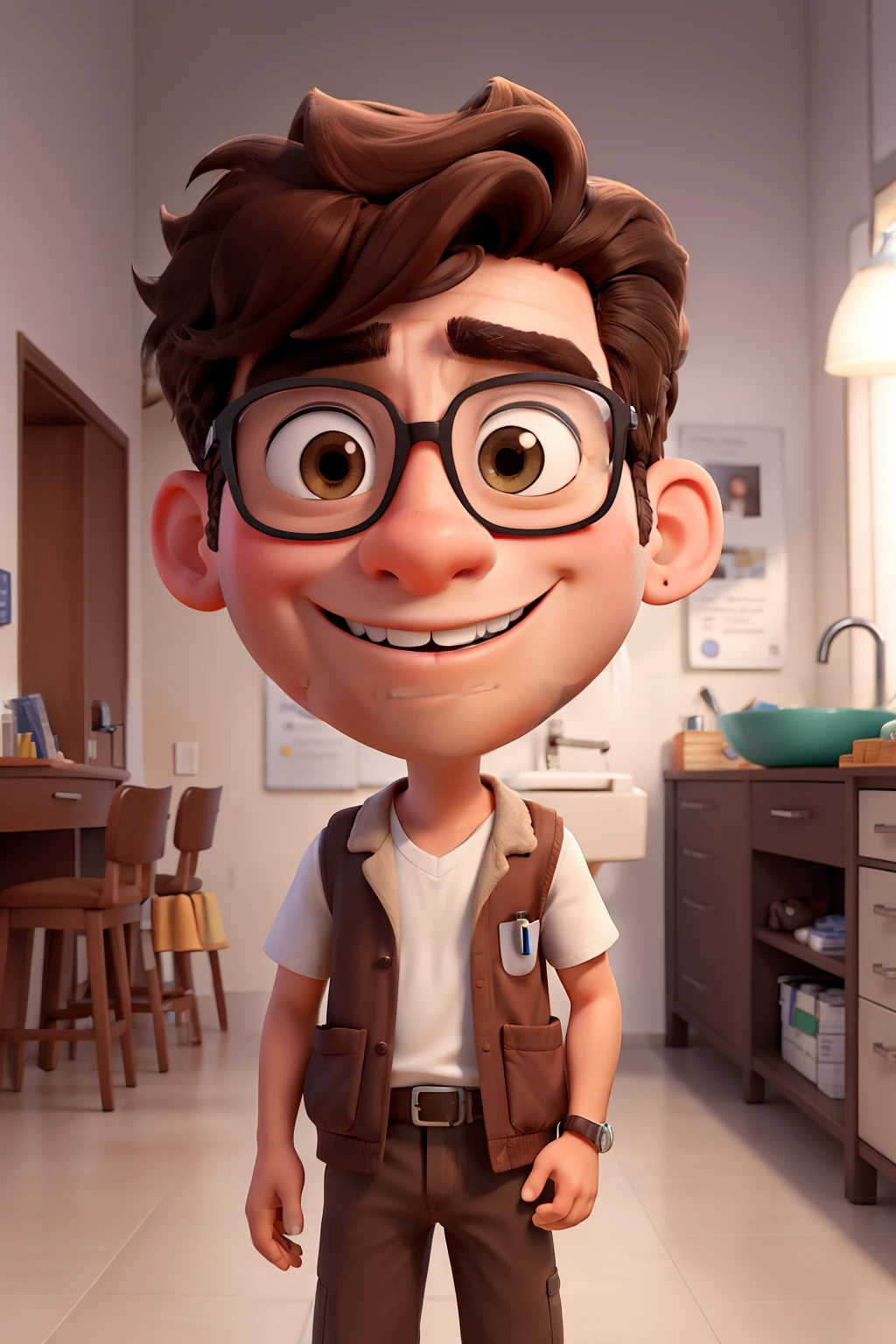 Pixar-inspired 3D poster capturing a scene of an 18-year-old male dentist with short, dark brown hair, He doesn't have a beard, olhos pretos, branco e rosto redondo e nariz pequeno, large lips. De branco, numa clinica odontologica. CColate a title in Portuguese: "Vem CROO"