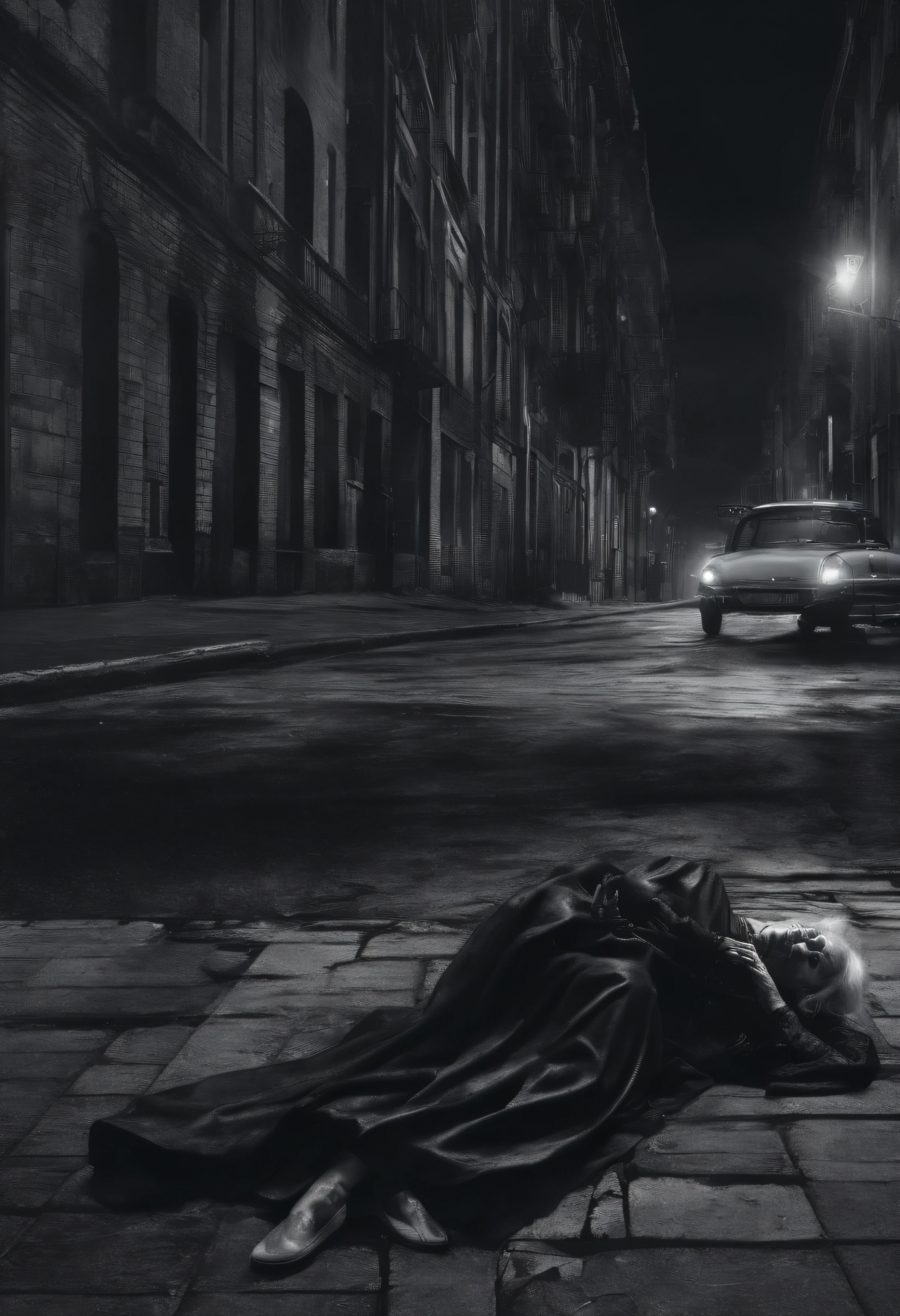 (melhor qualidade, Altas, artistic masterpiece, Realistic:1.2), atmosfera sombria e misteriosa, A 60-year-old woman lying on the sidewalk with moving cars in a city, Eerily poetic, Psychological dissection, Conceptual exploration